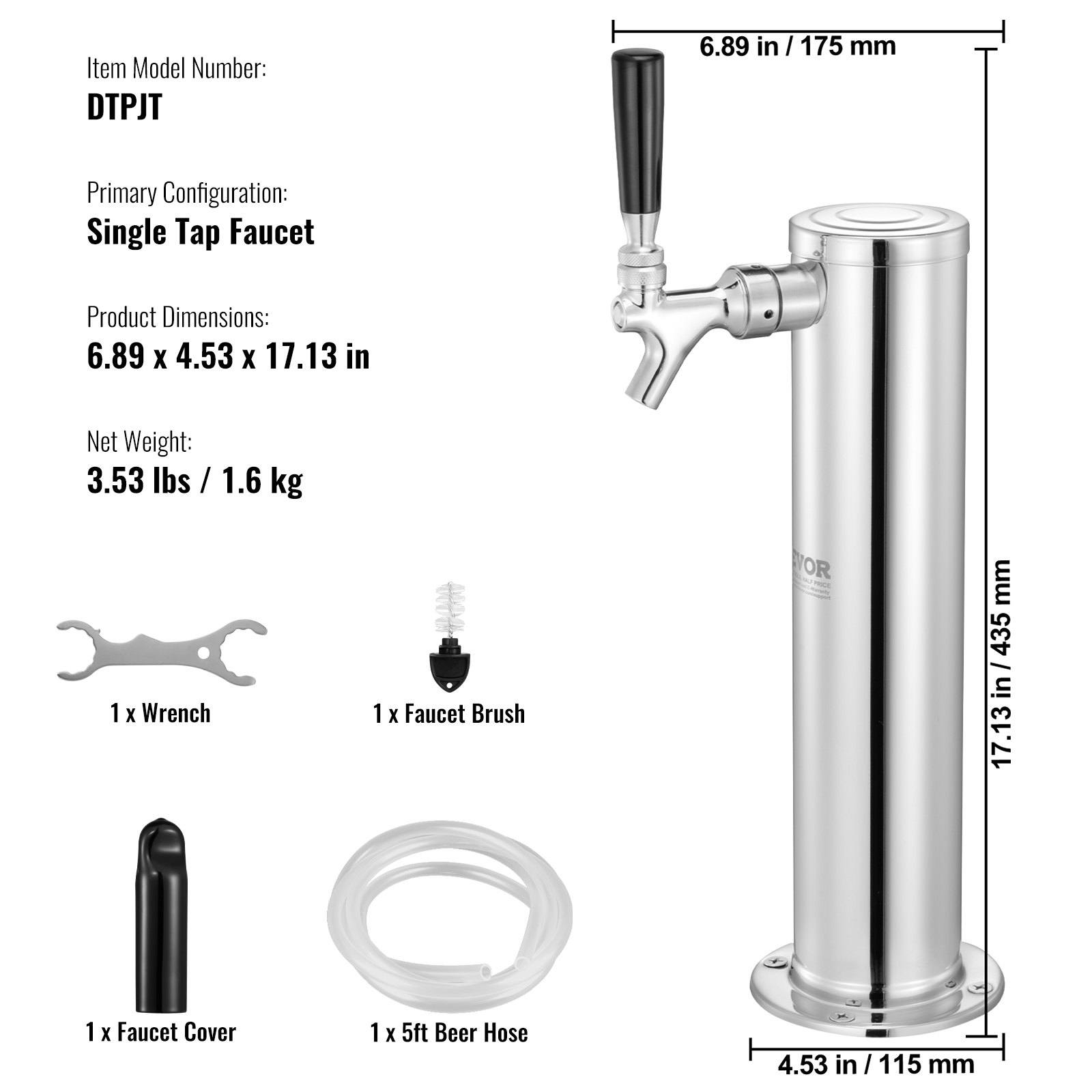 VEVOR Dispensador de Torre de Cerveza de Barril de un Solo Grifo, Torre de Cerveza de Barril de Acero Inoxidable, Kit de Torre Generador con Tubo Premontado y Vástago de Grifo de Cierre Automático