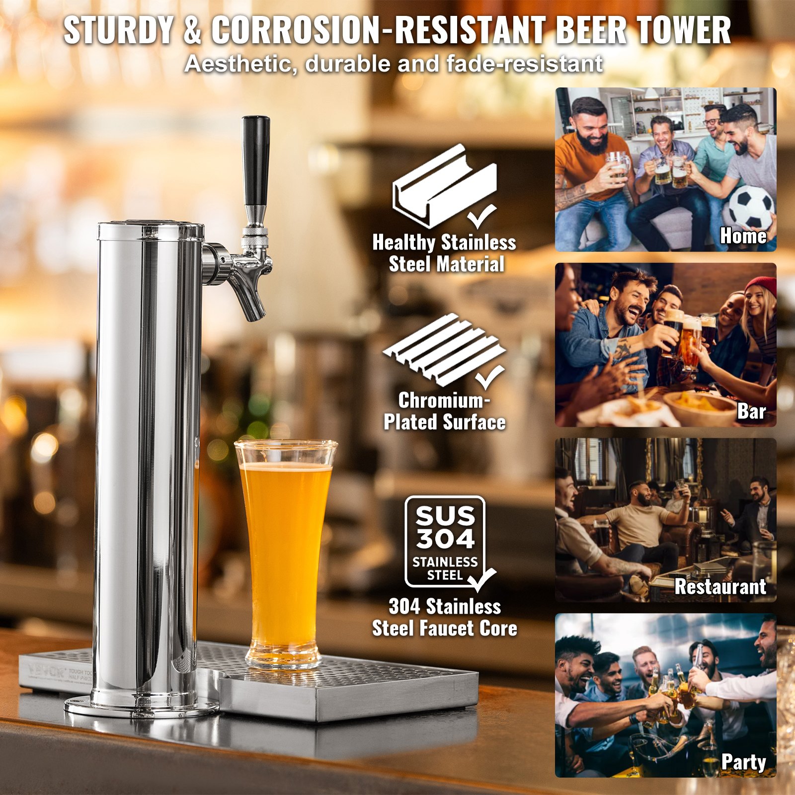 VEVOR Kegerator Tower Kit, kit de conversión de cerveza de un solo grifo, dispensador de torre de cerveza de barril de acero inoxidable con regulador W21.8 de doble calibre y acoplador de barril de si