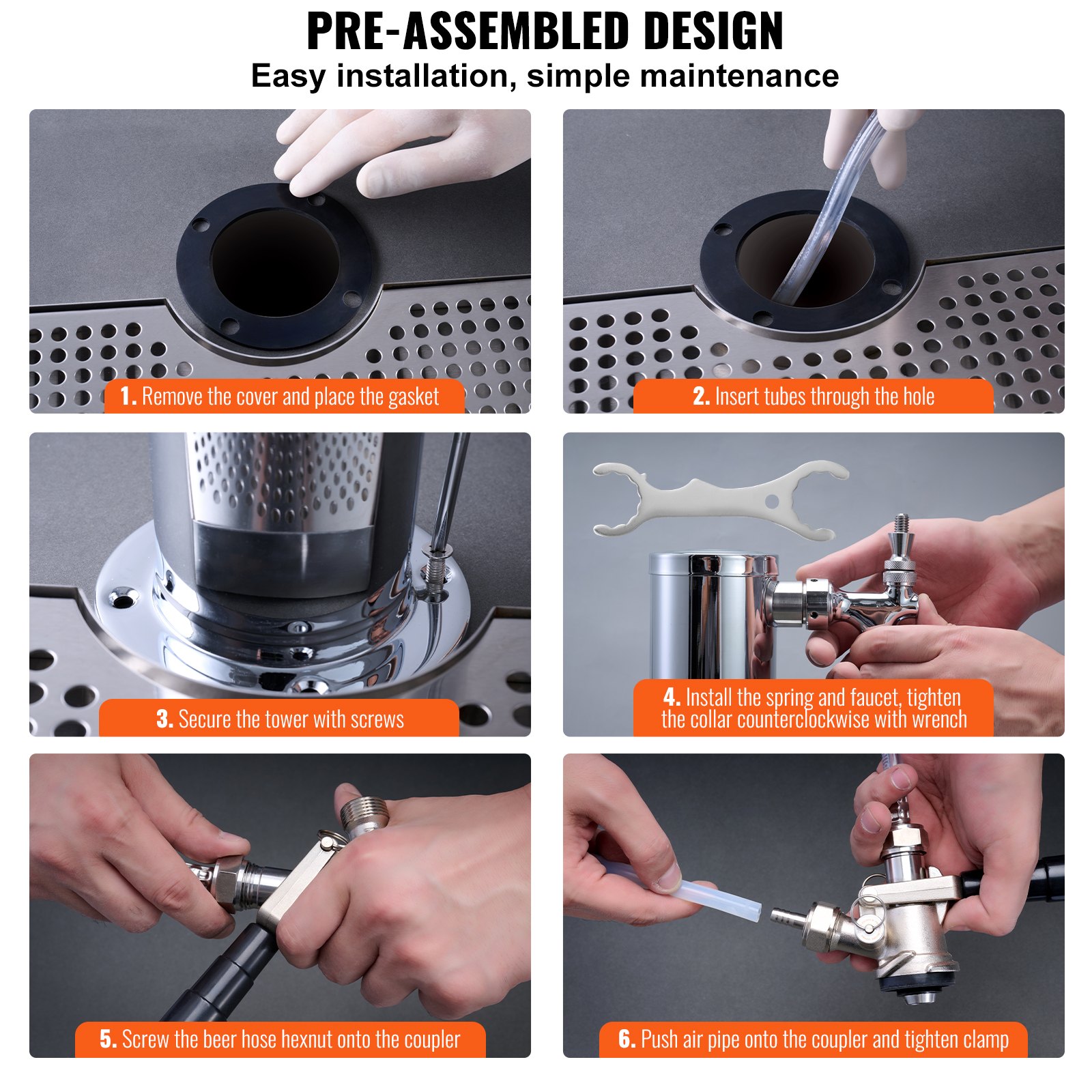 VEVOR Kegerator Tower Kit, kit de conversión de cerveza de un solo grifo, dispensador de torre de cerveza de barril de acero inoxidable con regulador W21.8 de doble calibre y acoplador de barril de si