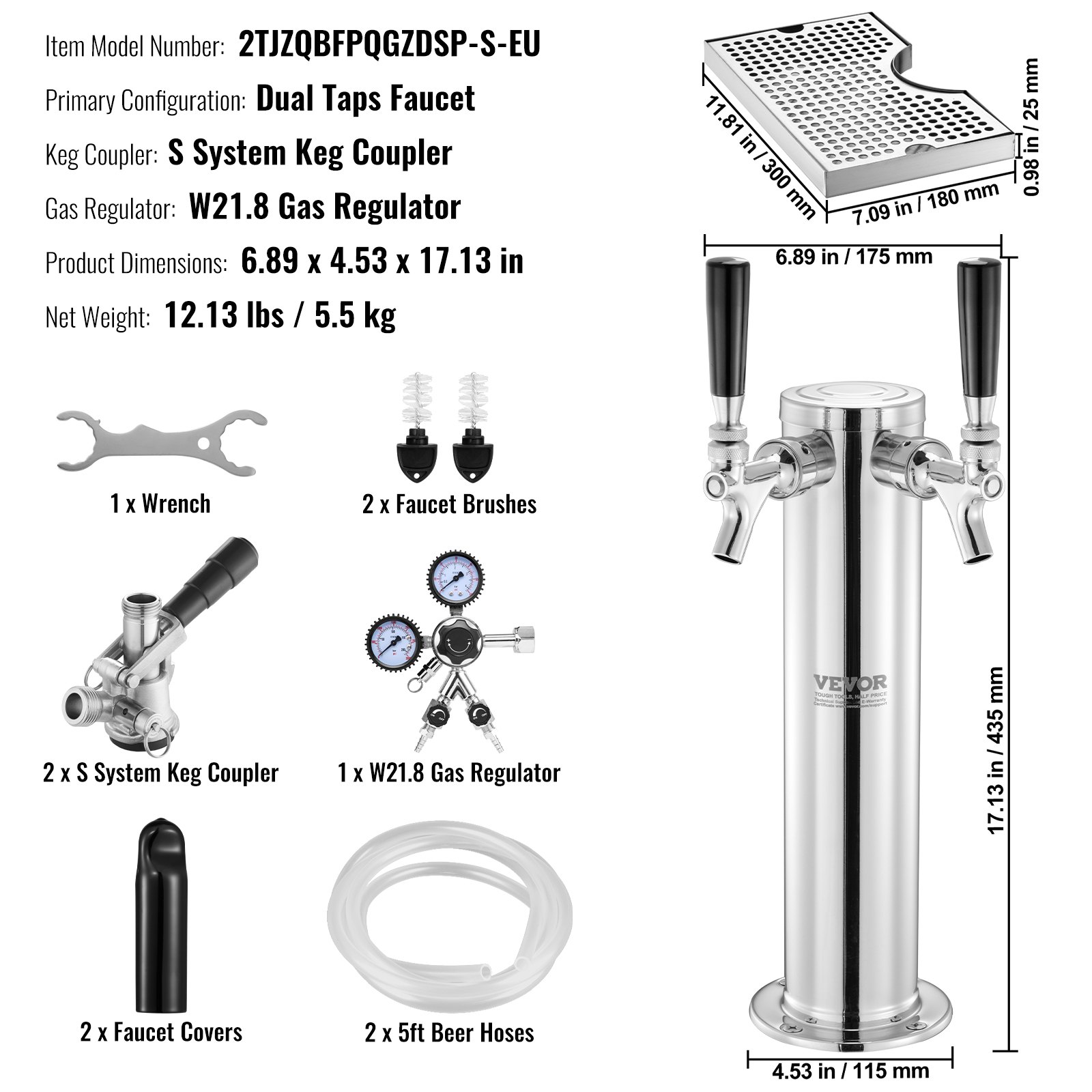 VEVOR Tower Kit, Kit de Conversión de Cerveza de Doble Grifo, Dispensador de Torre de Cerveza de Barril de Acero Inoxidable con Regulador W21.8 de Doble Calibre y Acoplador de Barril de Sistema S