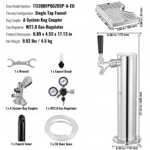 VEVOR Tower Kit, Kit de Conversión de Cerveza de Un Solo Grifo, Dispensador de Torre de Cerveza de Barril de Acero Inoxidable con Regulador W21.8 de Doble Calibre y Acoplador de Barril de Sistema A