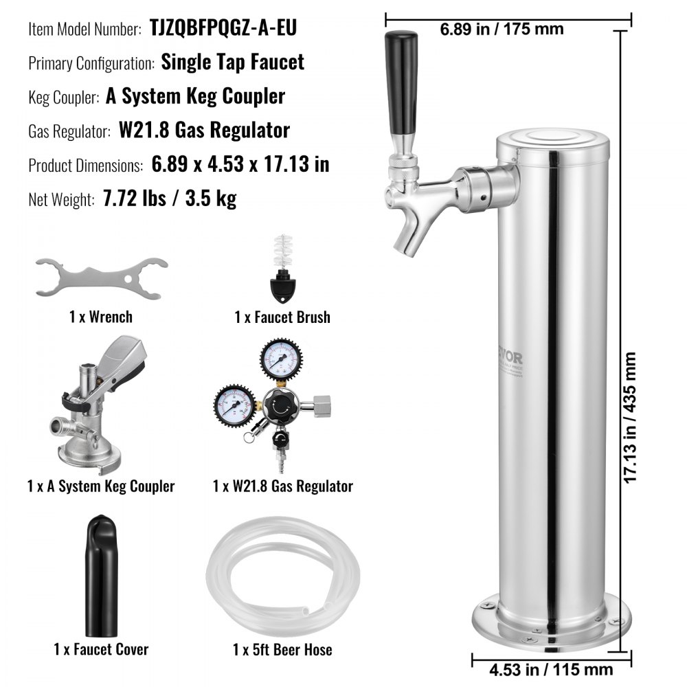 VEVOR Kegerator Tower Kit, Single Tap Beer Conversion Kit, Stainless Steel Keg Beer Tower Dispensing System with Dual Gauge W21.8 Regulator and A-System Keg Coupling, Beer Drip Tray for Home Parties