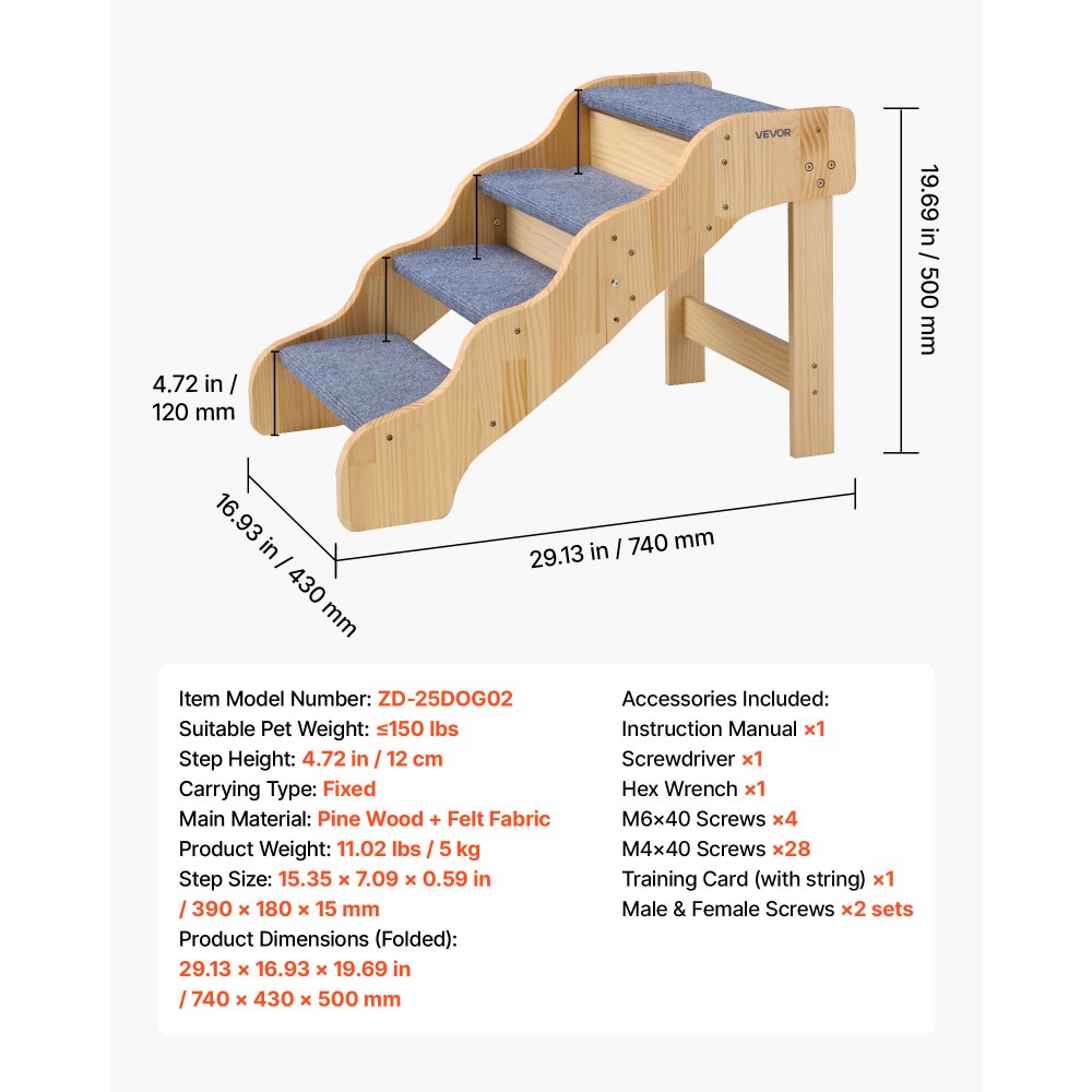 VEVOR Escalera para Perros de 740 x 430 x 500 mm, 4 Peldaños, Madera de Pino y Tela de Fieltro, para Mascotas Pequeñas, Medianas, Grandes y Mayores, Ideal para Camas, Sofás y Coches, Carga 68 kg