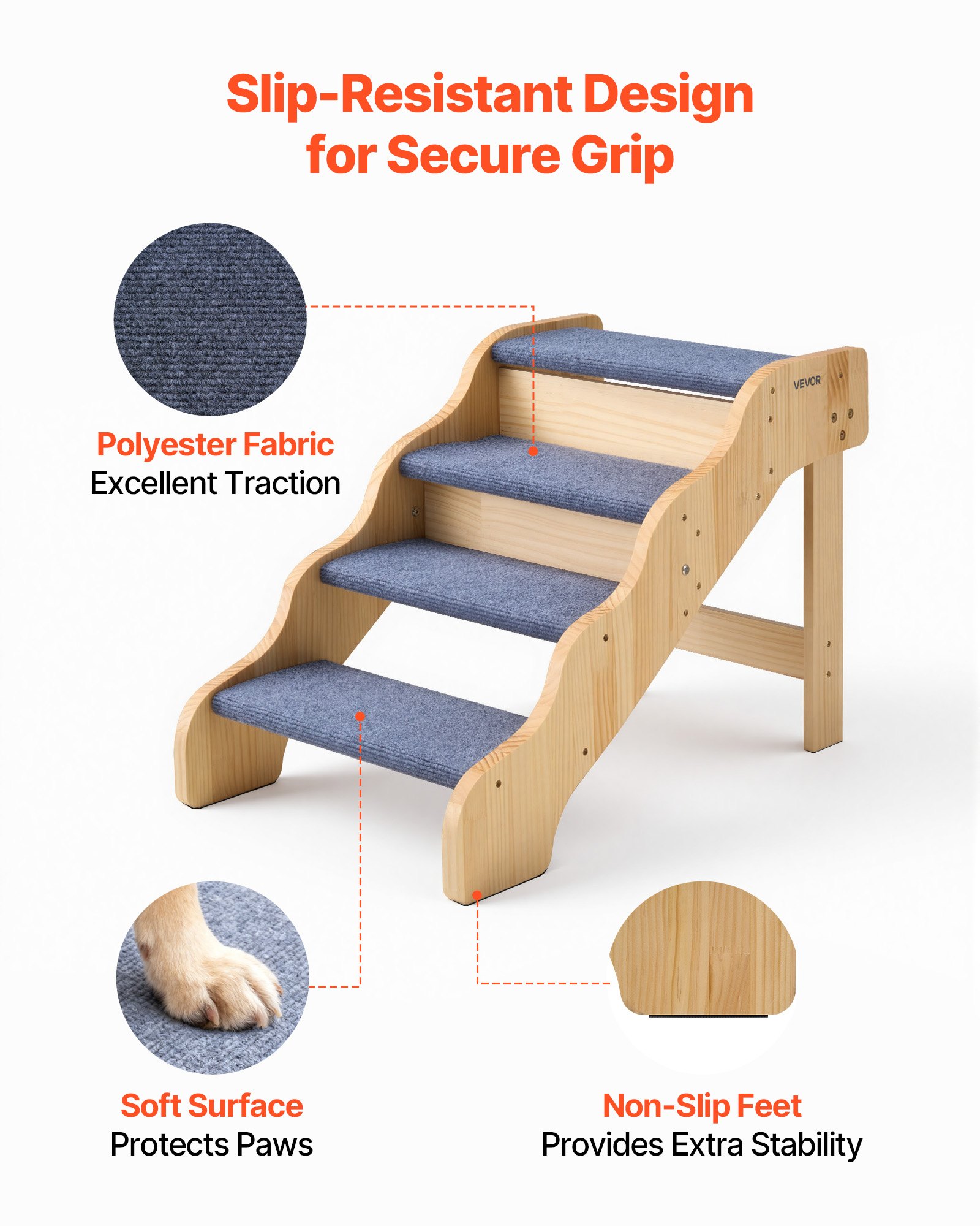 VEVOR Escalera para Perros de 740 x 430 x 500 mm, 4 Peldaños, Madera de Pino y Tela de Fieltro, para Mascotas Pequeñas, Medianas, Grandes y Mayores, Ideal para Camas, Sofás y Coches, Carga 68 kg