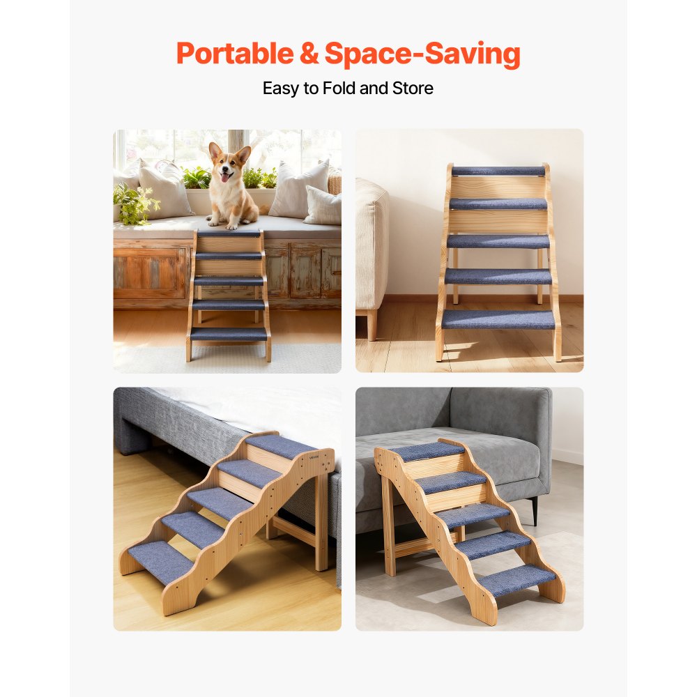 VEVOR Escalera para Perros de 910 x 430 x 630 mm, 5 Peldaños, de Madera, para Mascotas Pequeñas, Medianas, Grandes y Mayores, Así Como para Cachorros de hasta 68 kg, para Camas, Sofás y Coches