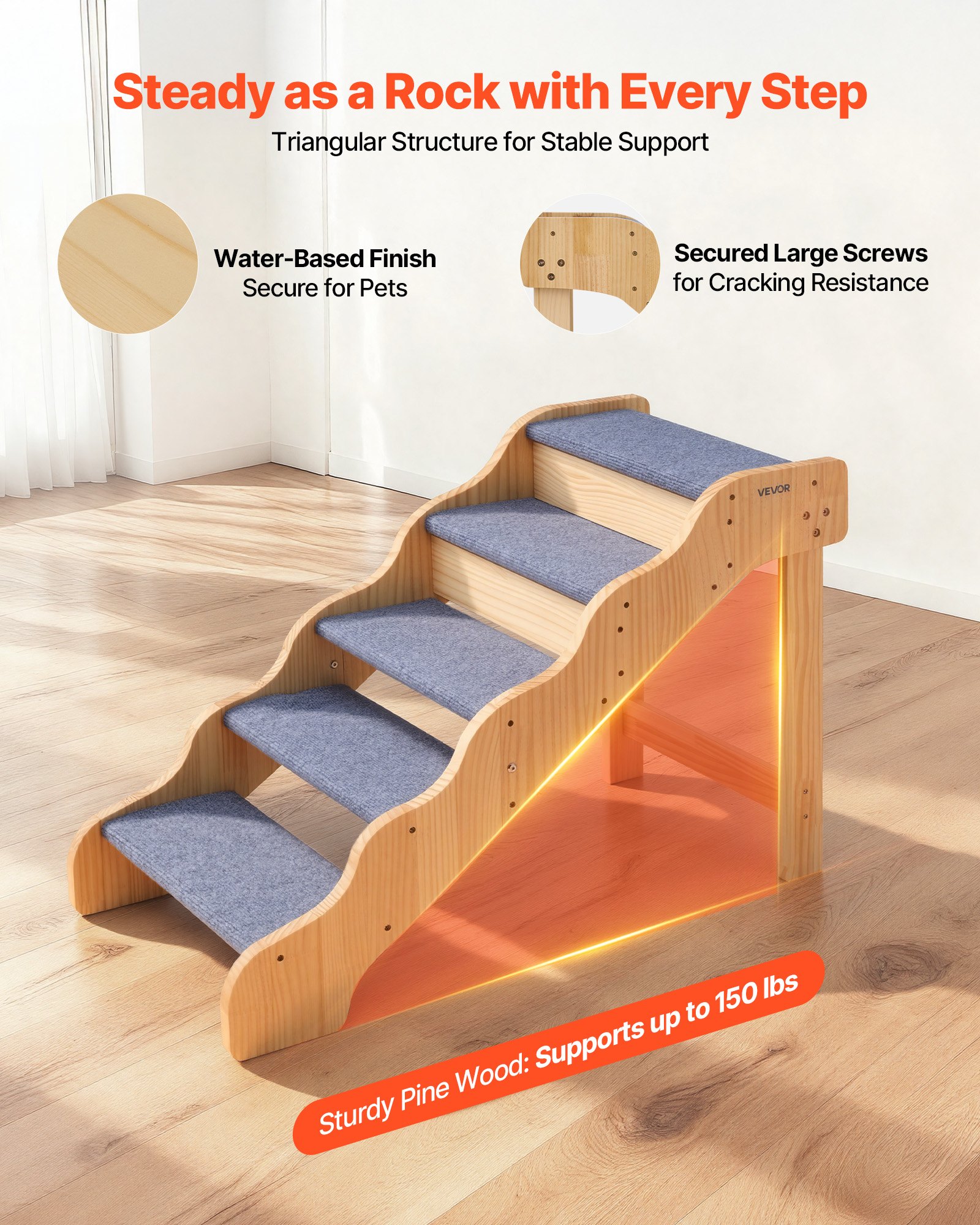 VEVOR Escalera para Perros de 910 x 430 x 630 mm, 5 Peldaños, de Madera, para Mascotas Pequeñas, Medianas, Grandes y Mayores, Así Como para Cachorros de hasta 68 kg, para Camas, Sofás y Coches