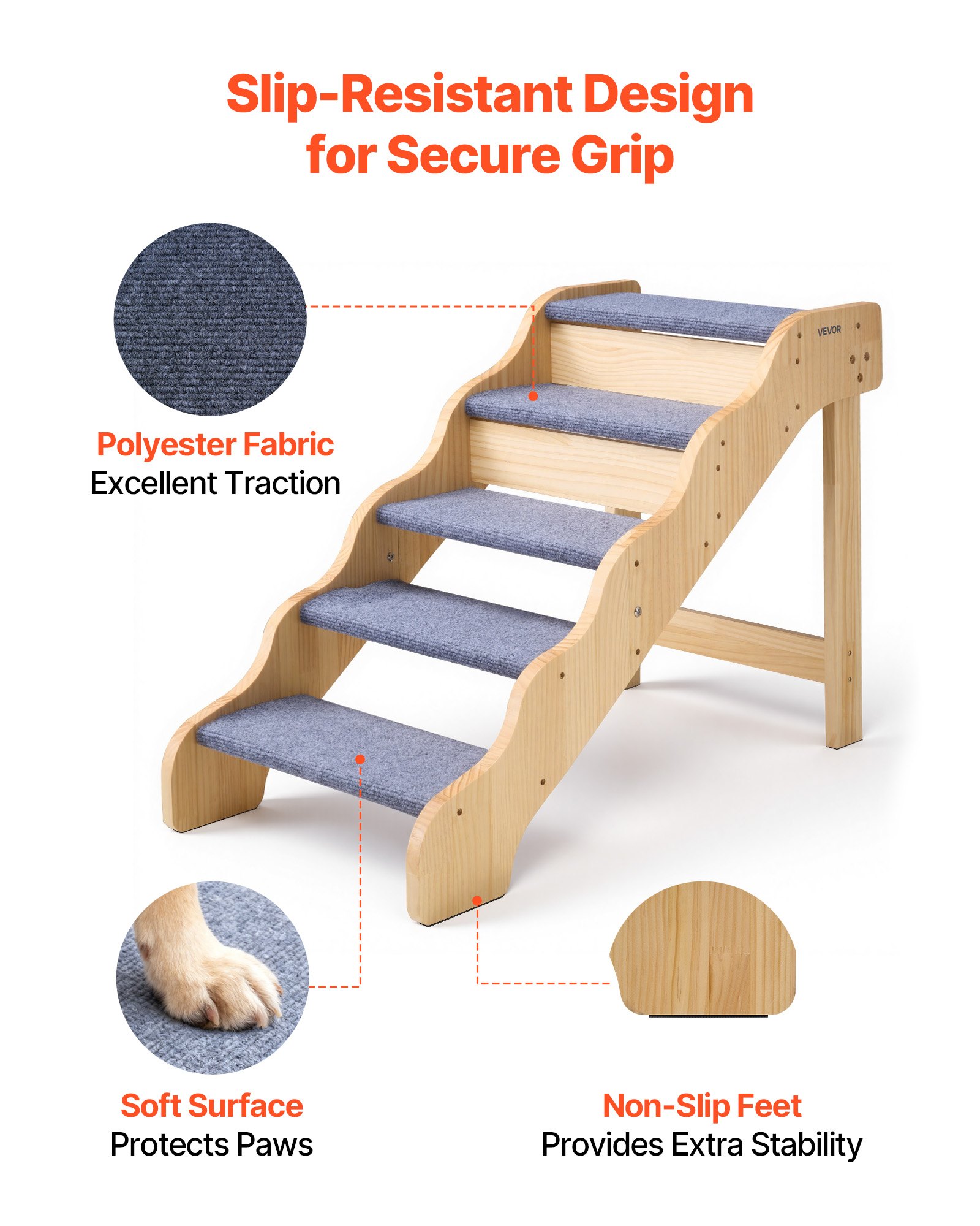 VEVOR Escalera para Perros de 910 x 430 x 630 mm, 5 Peldaños, de Madera, para Mascotas Pequeñas, Medianas, Grandes y Mayores, Así Como para Cachorros de hasta 68 kg, para Camas, Sofás y Coches