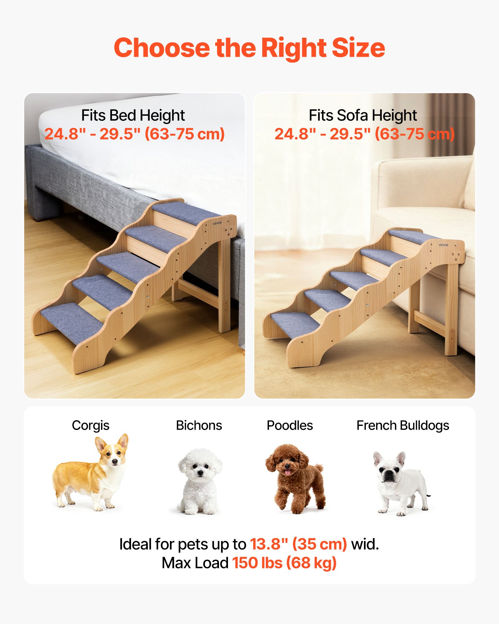 VEVOR Escalera para Perros de 910 x 430 x 630 mm, 5 Peldaños, de Madera, para Mascotas Pequeñas, Medianas, Grandes y Mayores, Así Como para Cachorros de hasta 68 kg, para Camas, Sofás y Coches