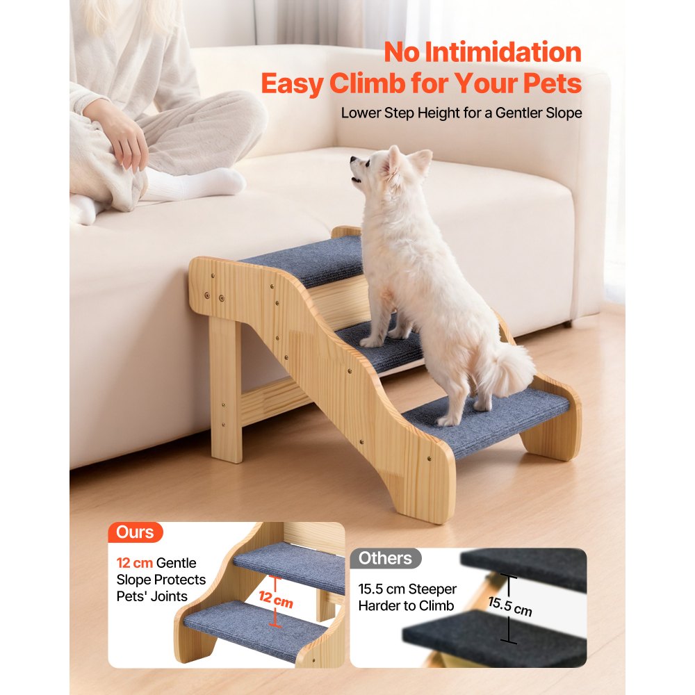 VEVOR Escalera para Perros de 580 x 430 x 380 mm, 3 Peldaños, de Madera, para Mascotas Pequeñas, Medianas, Grandes y Mayores, Así Como para Cachorros de hasta 68 kg, para Camas, Sofás y Coches