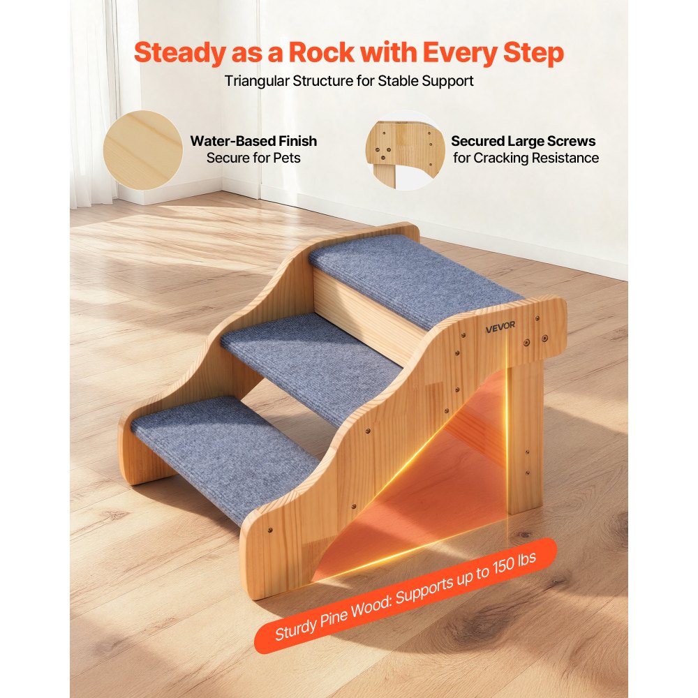 VEVOR Escalera para Perros de 580 x 430 x 380 mm, 3 Peldaños, de Madera, para Mascotas Pequeñas, Medianas, Grandes y Mayores, Así Como para Cachorros de hasta 68 kg, para Camas, Sofás y Coches