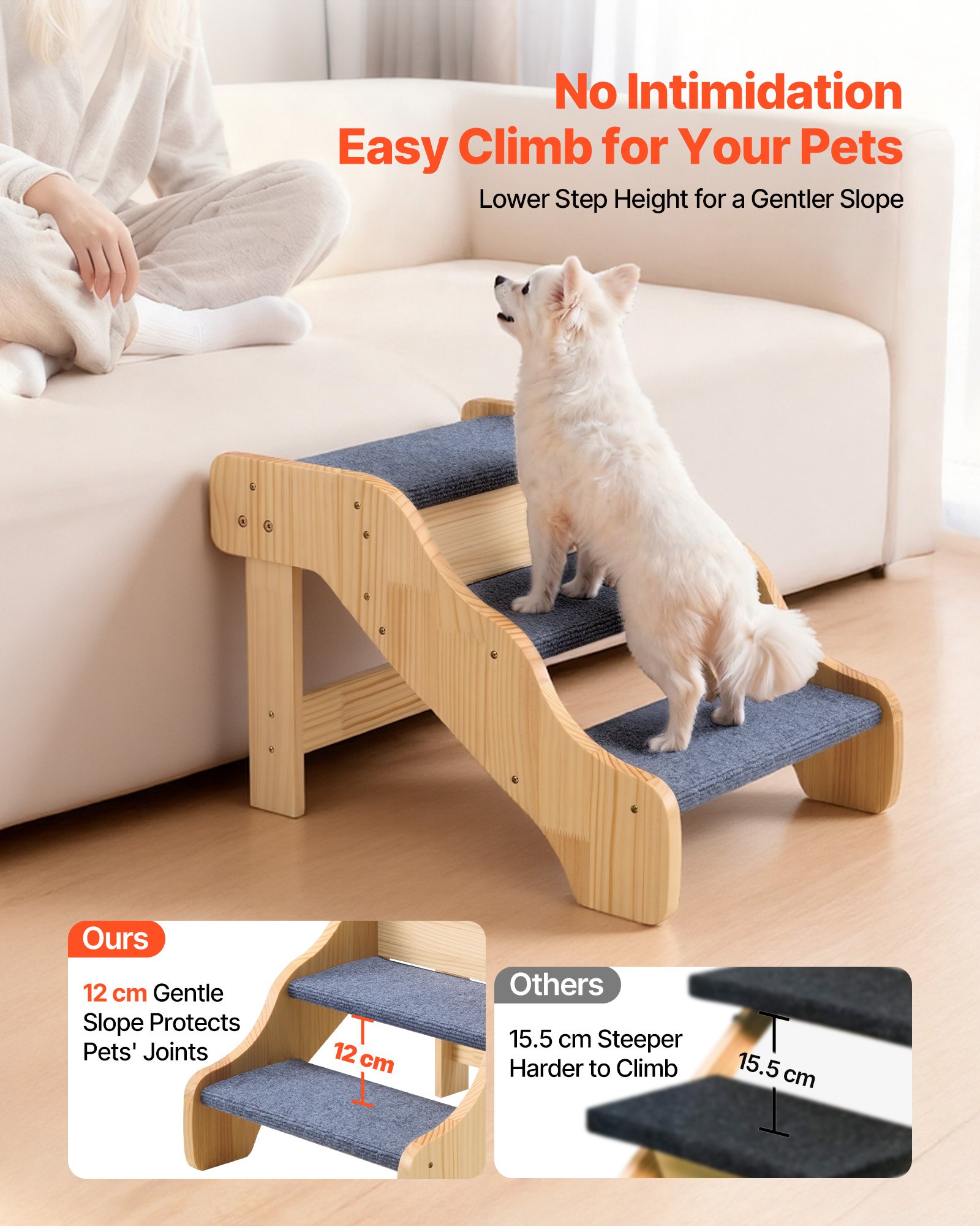 VEVOR Escalera para Perros de 580 x 430 x 380 mm, 3 Peldaños, de Madera, para Mascotas Pequeñas, Medianas, Grandes y Mayores, Así Como para Cachorros de hasta 68 kg, para Camas, Sofás y Coches