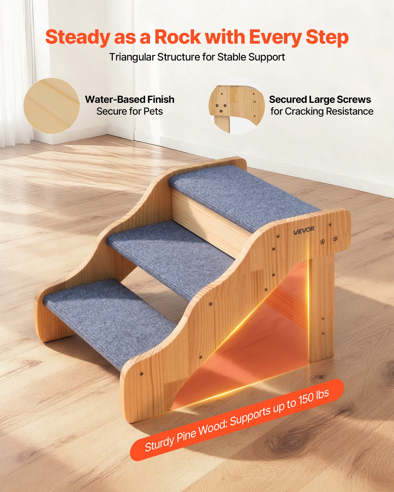 VEVOR Escalera para Perros de 580 x 430 x 380 mm, 3 Peldaños, de Madera, para Mascotas Pequeñas, Medianas, Grandes y Mayores, Así Como para Cachorros de hasta 68 kg, para Camas, Sofás y Coches