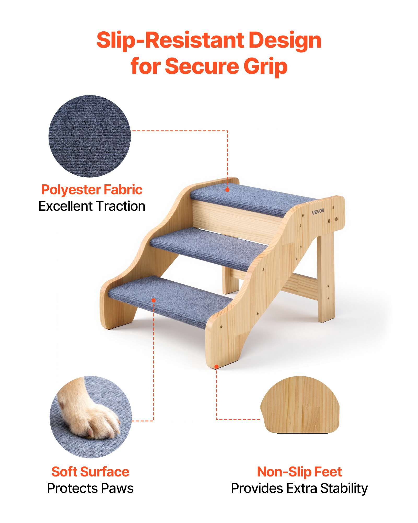 VEVOR Escalera para Perros de 580 x 430 x 380 mm, 3 Peldaños, de Madera, para Mascotas Pequeñas, Medianas, Grandes y Mayores, Así Como para Cachorros de hasta 68 kg, para Camas, Sofás y Coches