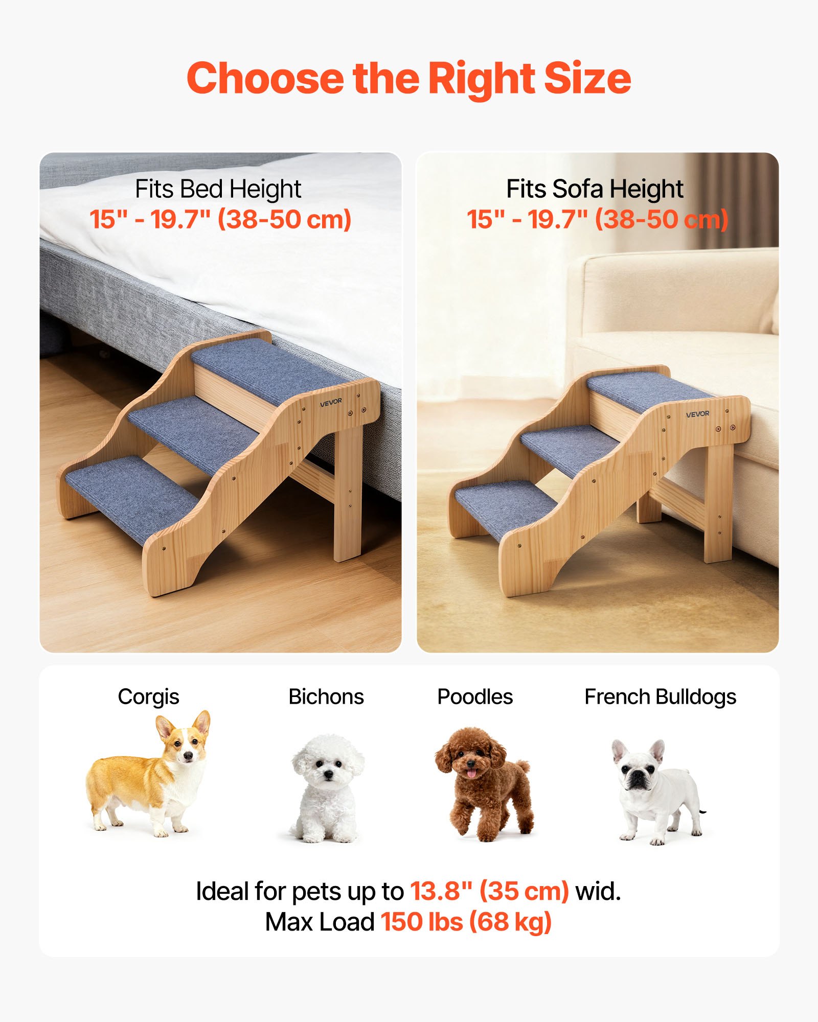 VEVOR Escalera para Perros de 580 x 430 x 380 mm, 3 Peldaños, de Madera, para Mascotas Pequeñas, Medianas, Grandes y Mayores, Así Como para Cachorros de hasta 68 kg, para Camas, Sofás y Coches