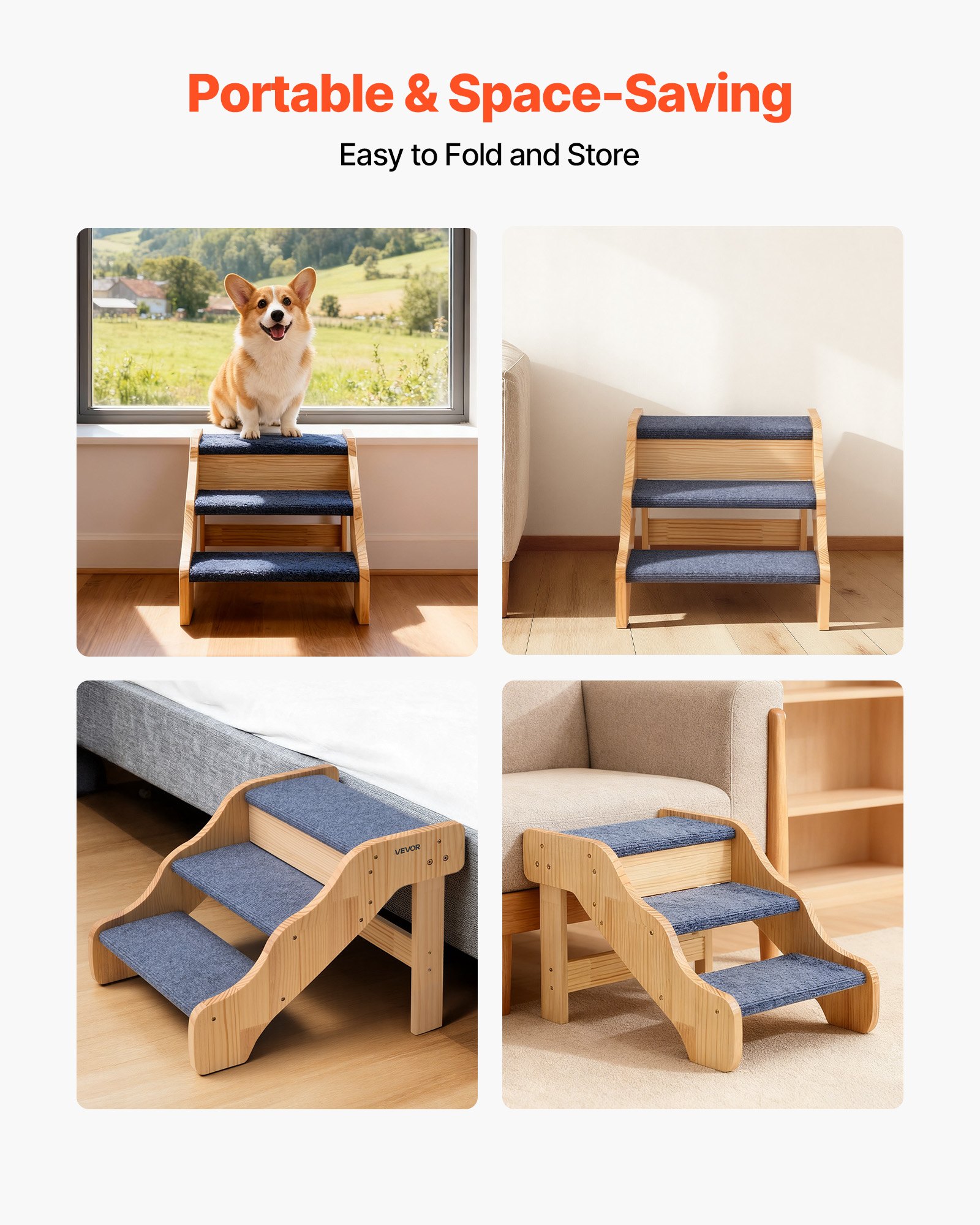 VEVOR Escalera para Perros de 580 x 430 x 380 mm, 3 Peldaños, de Madera, para Mascotas Pequeñas, Medianas, Grandes y Mayores, Así Como para Cachorros de hasta 68 kg, para Camas, Sofás y Coches