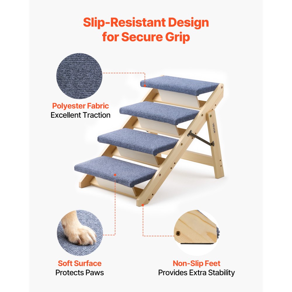 VEVOR Escalera para Perros de 630 x 470 x 490 mm, 4 Peldaños, Plegable, de Madera, para Mascotas Pequeñas, Medianas, Grandes y Mayores, para Cachorros de hasta 68 kg, para Camas, Sofás y Coches