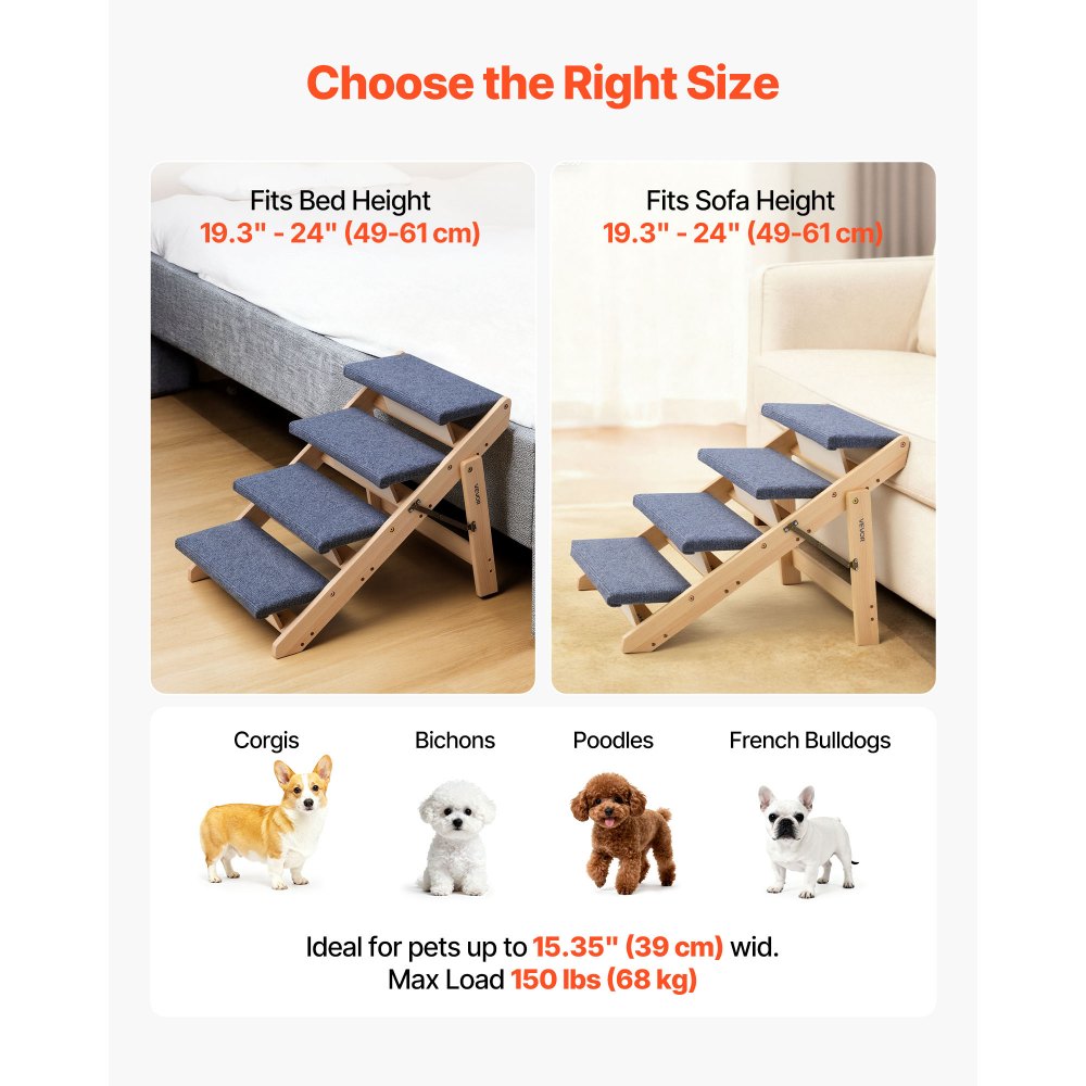VEVOR Escalera para Perros de 630 x 470 x 490 mm, 4 Peldaños, Plegable, de Madera, para Mascotas Pequeñas, Medianas, Grandes y Mayores, para Cachorros de hasta 68 kg, para Camas, Sofás y Coches