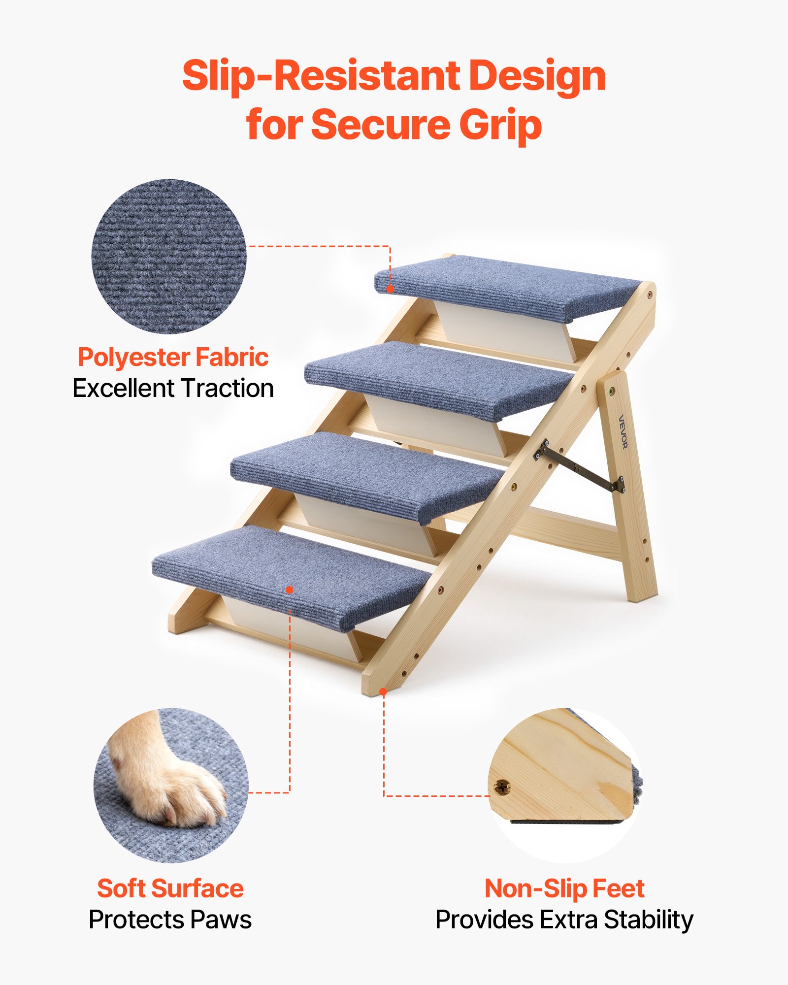 VEVOR Escalera para Perros de 630 x 470 x 490 mm, 4 Peldaños, Plegable, de Madera, para Mascotas Pequeñas, Medianas, Grandes y Mayores, para Cachorros de hasta 68 kg, para Camas, Sofás y Coches