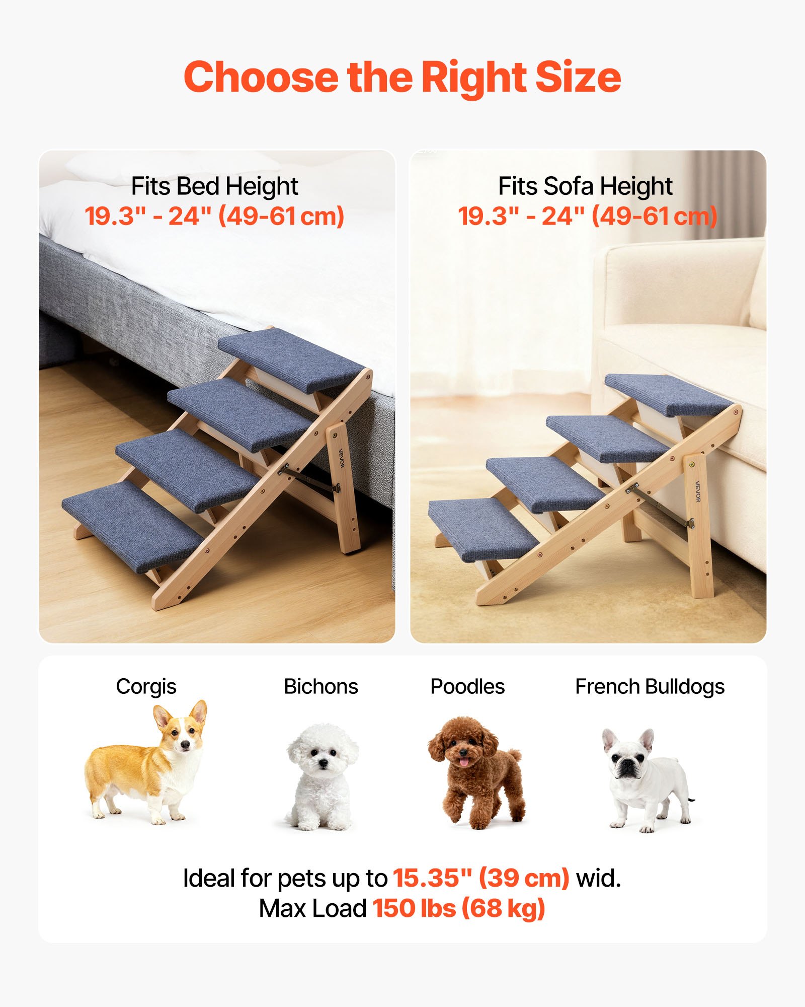 VEVOR Escalera para Perros de 630 x 470 x 490 mm, 4 Peldaños, Plegable, de Madera, para Mascotas Pequeñas, Medianas, Grandes y Mayores, para Cachorros de hasta 68 kg, para Camas, Sofás y Coches