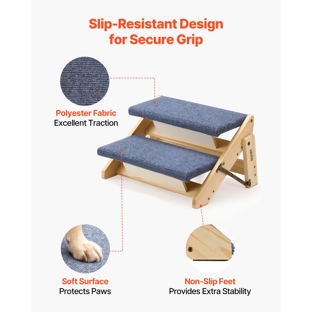 VEVOR Escalera de Madera para Mascotas, 2 Peldaños, para Camas, Sofás y Coches, Carga 50 kg, Plano y Plegable, Estable y Resistente, para Mascotas Pequeñas, Medianas y Grandes, 370 x 470 x 260 mm