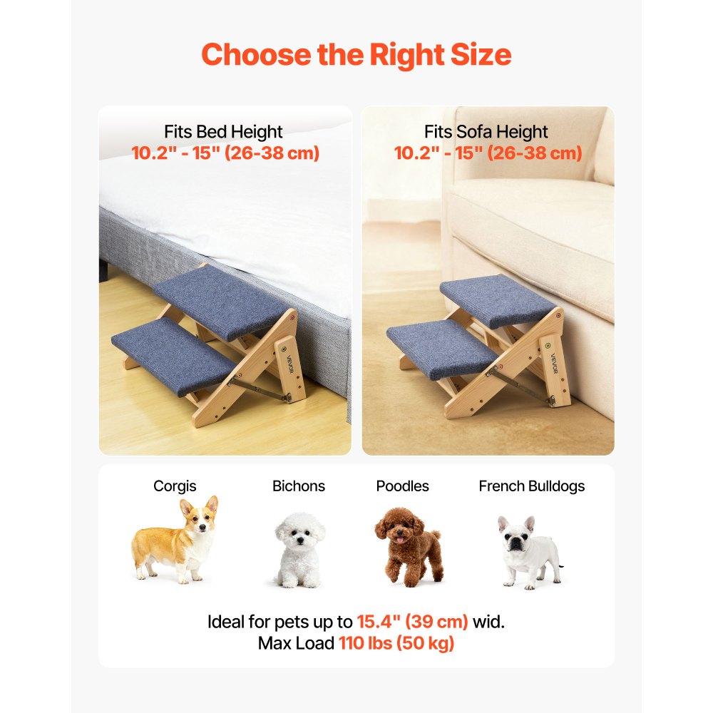 VEVOR Escalera de Madera para Mascotas, 2 Peldaños, para Camas, Sofás y Coches, Carga 50 kg, Plano y Plegable, Estable y Resistente, para Mascotas Pequeñas, Medianas y Grandes, 370 x 470 x 260 mm