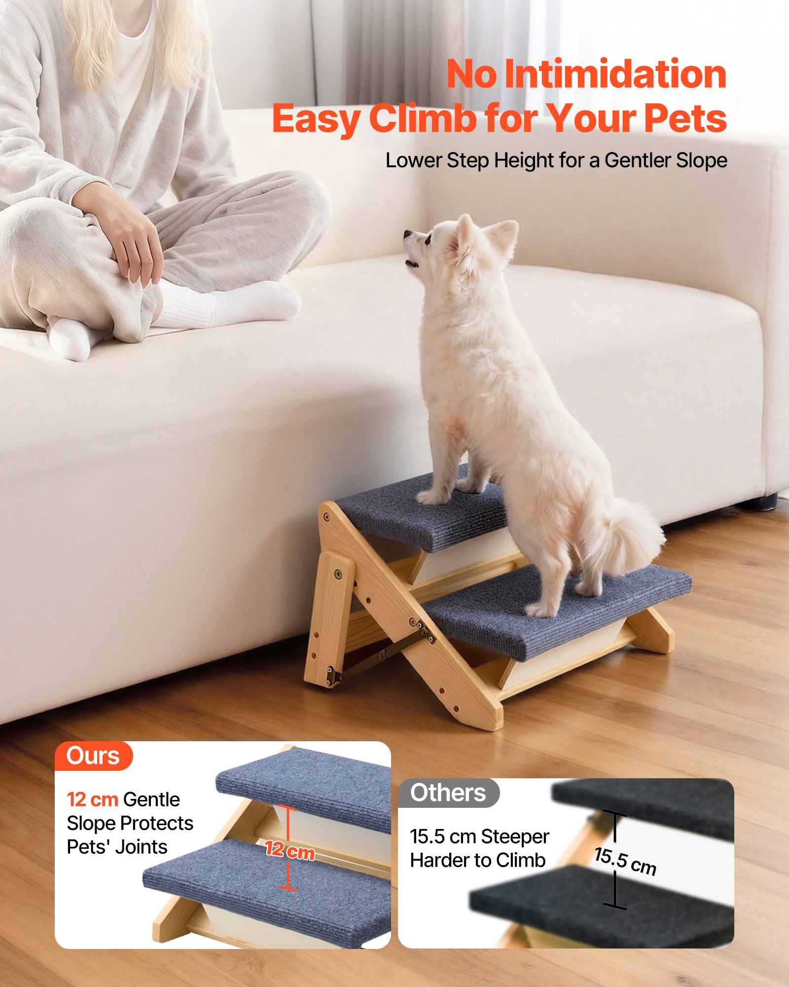 VEVOR Escalera de Madera para Mascotas, 2 Peldaños, para Camas, Sofás y Coches, Carga 50 kg, Plano y Plegable, Estable y Resistente, para Mascotas Pequeñas, Medianas y Grandes, 370 x 470 x 260 mm