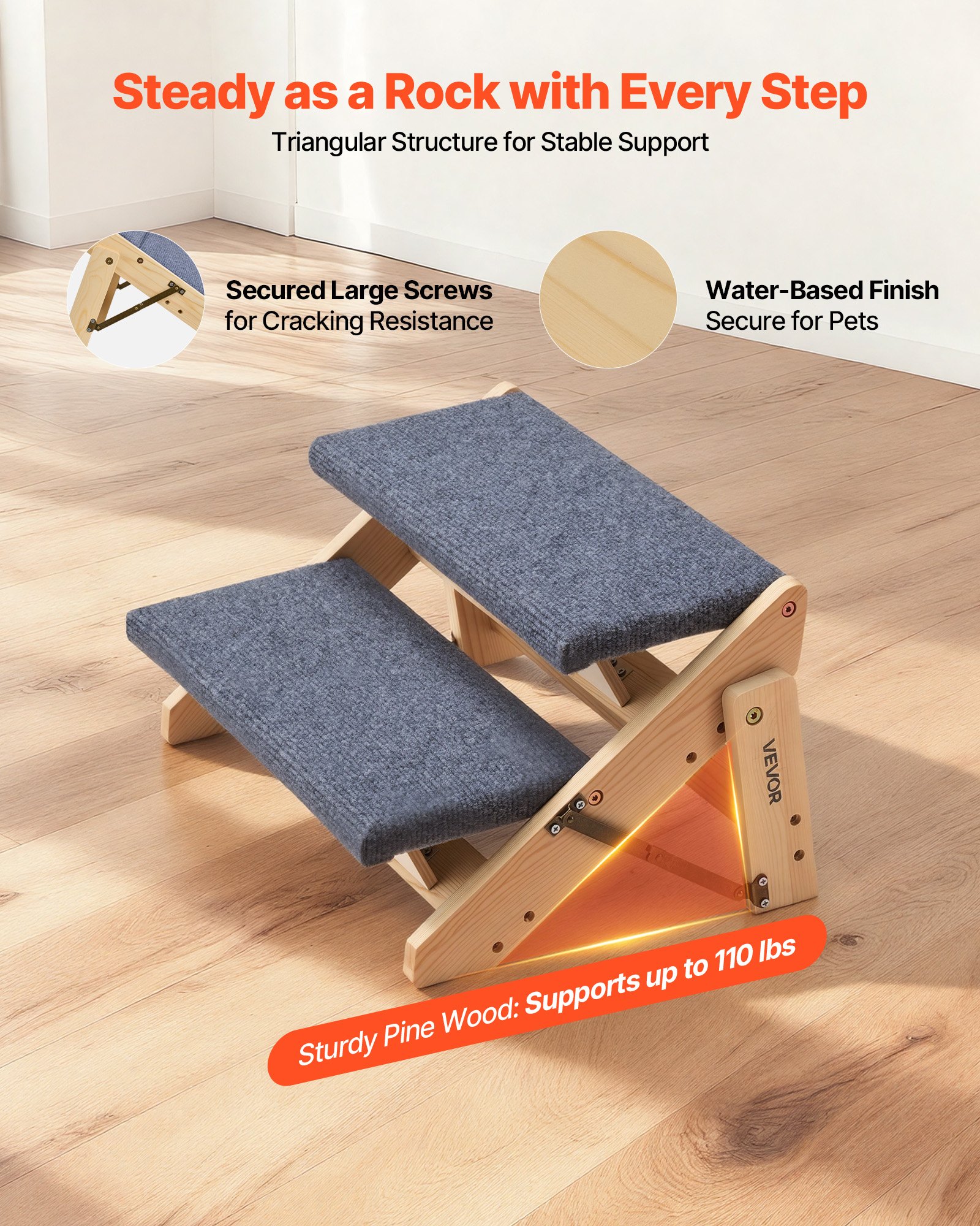 VEVOR Escalera de Madera para Mascotas, 2 Peldaños, para Camas, Sofás y Coches, Carga 50 kg, Plano y Plegable, Estable y Resistente, para Mascotas Pequeñas, Medianas y Grandes, 370 x 470 x 260 mm