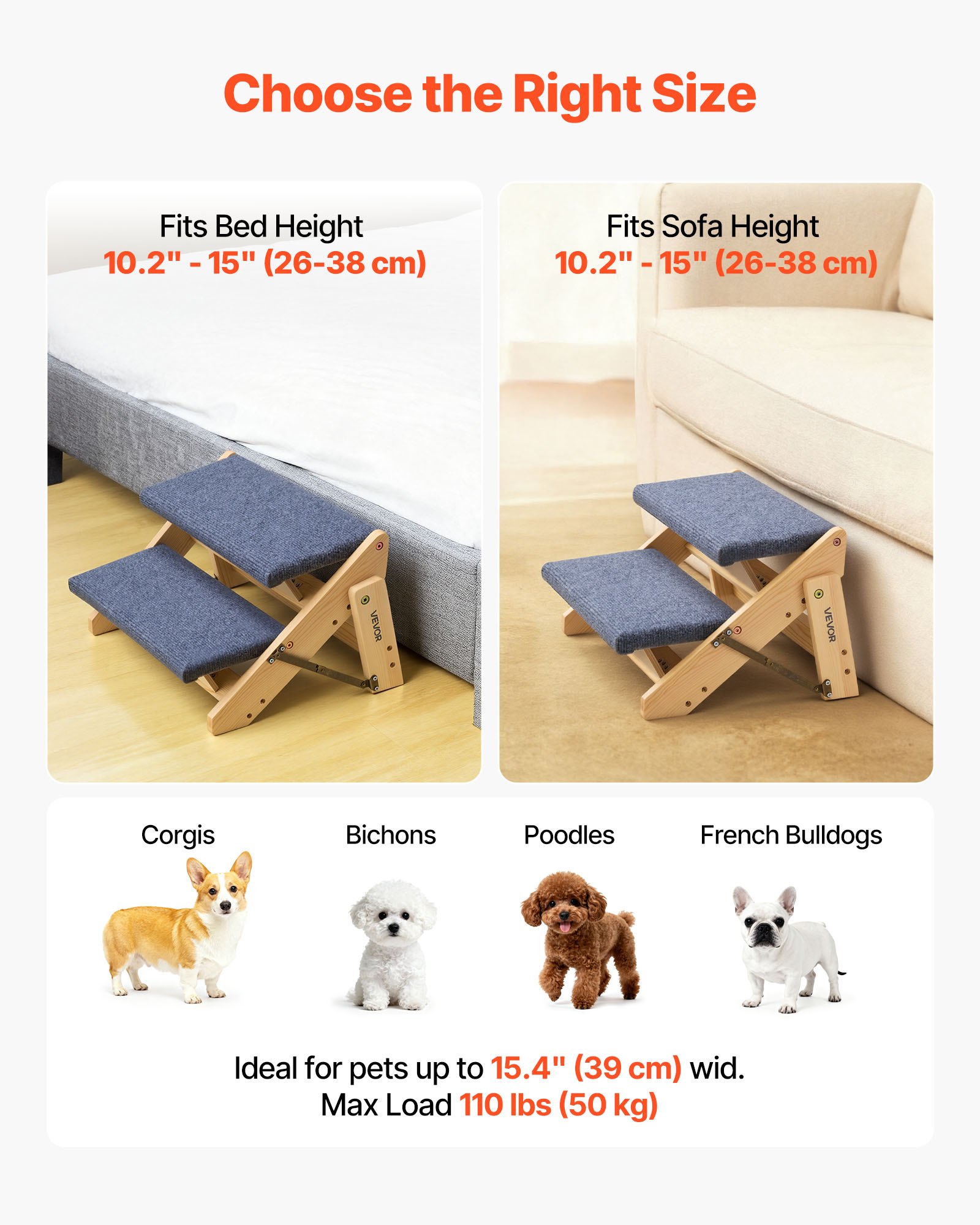VEVOR Escalera de Madera para Mascotas, 2 Peldaños, para Camas, Sofás y Coches, Carga 50 kg, Plano y Plegable, Estable y Resistente, para Mascotas Pequeñas, Medianas y Grandes, 370 x 470 x 260 mm
