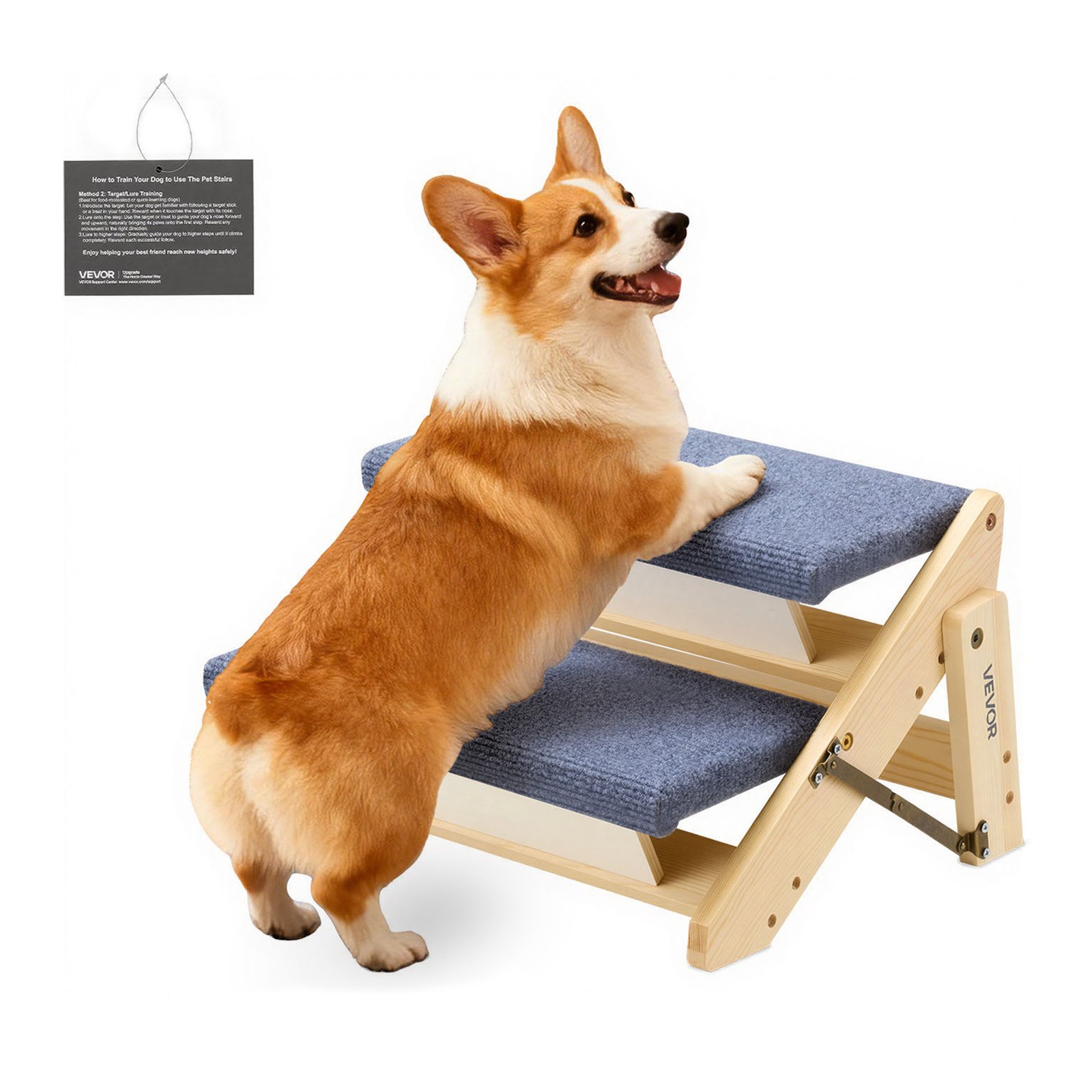 VEVOR Escalera de Madera para Mascotas, 2 Peldaños, para Camas, Sofás y Coches, Carga 50 kg, Plano y Plegable, Estable y Resistente, para Mascotas Pequeñas, Medianas y Grandes, 370 x 470 x 260 mm