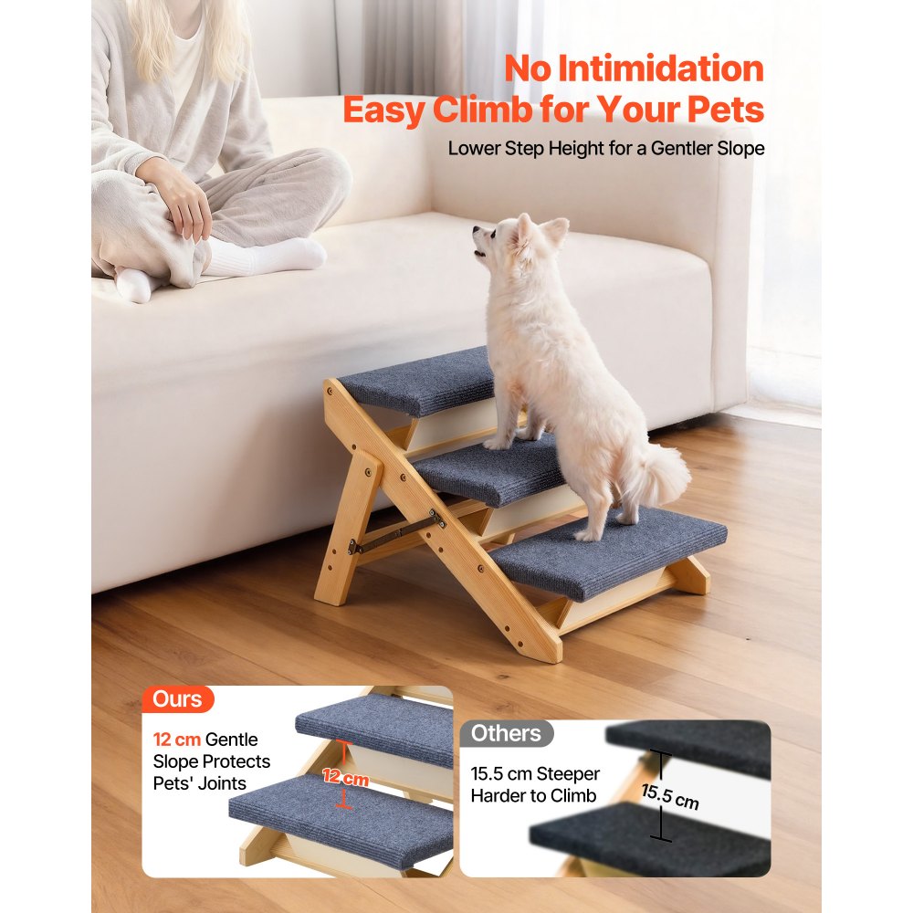 VEVOR Escalera de Madera para Mascotas, 3 Peldaños, para Camas, Sofás y Coches, Carga 68 kg, Plano y Plegable, Estable y Resistente, para Mascotas Pequeñas, Medianas y Grandes, Cachorros Mayores