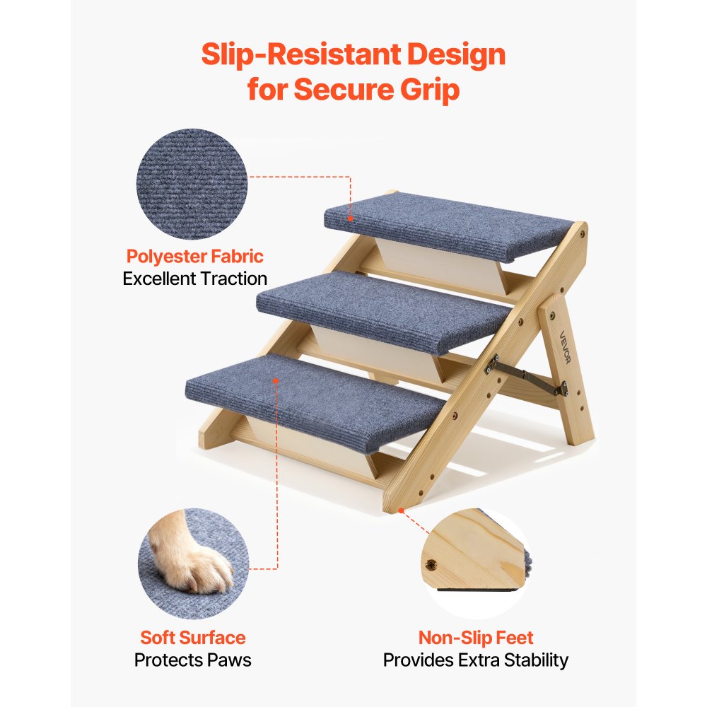 VEVOR Escalera de Madera para Mascotas, 3 Peldaños, para Camas, Sofás y Coches, Carga 68 kg, Plano y Plegable, Estable y Resistente, para Mascotas Pequeñas, Medianas y Grandes, Cachorros Mayores