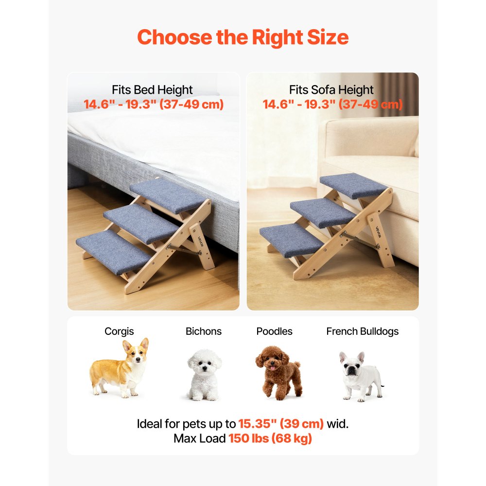 VEVOR Escalera de Madera para Mascotas, 3 Peldaños, para Camas, Sofás y Coches, Carga 68 kg, Plano y Plegable, Estable y Resistente, para Mascotas Pequeñas, Medianas y Grandes, Cachorros Mayores