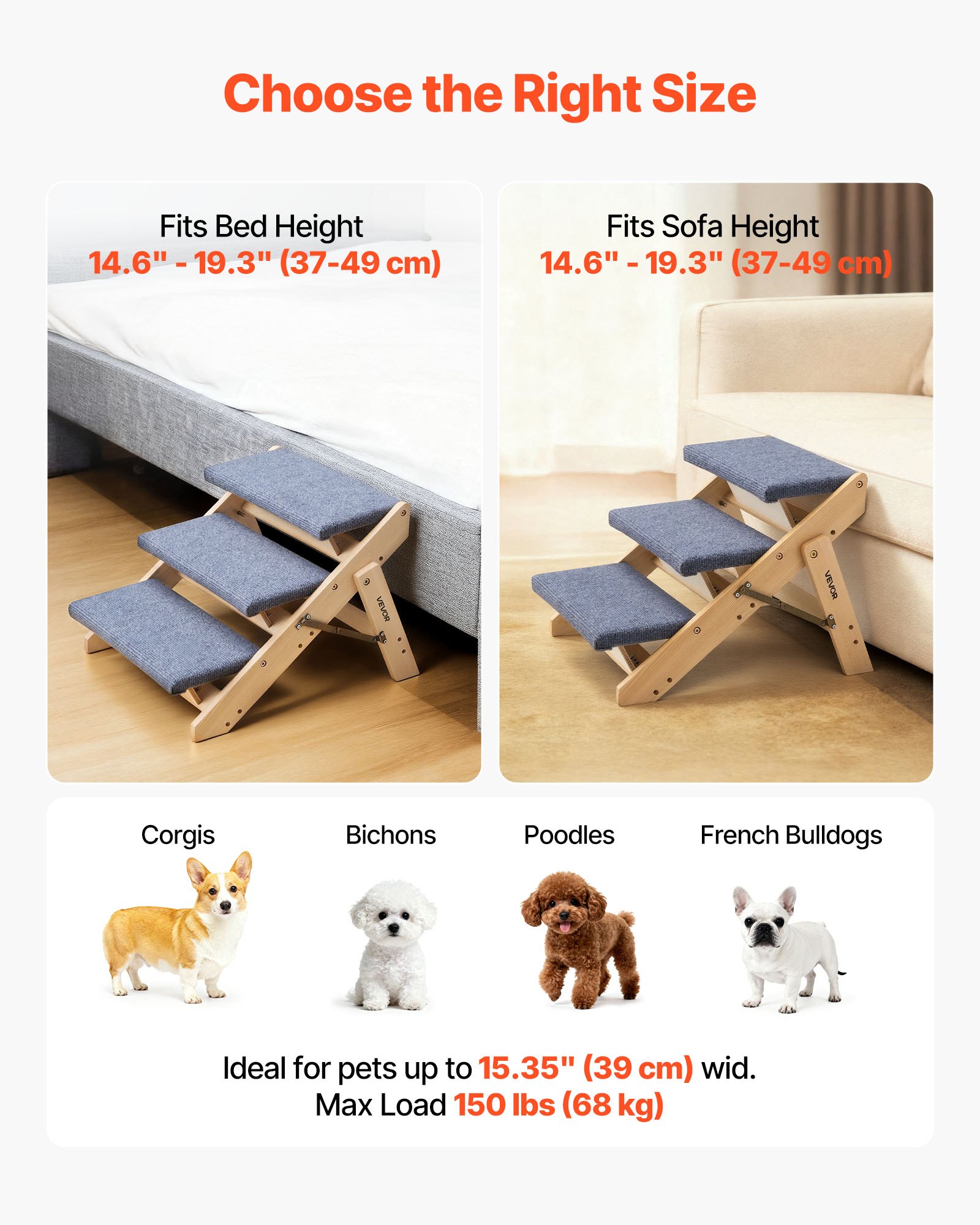 VEVOR Escalera de Madera para Mascotas, 3 Peldaños, para Camas, Sofás y Coches, Carga 68 kg, Plano y Plegable, Estable y Resistente, para Mascotas Pequeñas, Medianas y Grandes, Cachorros Mayores