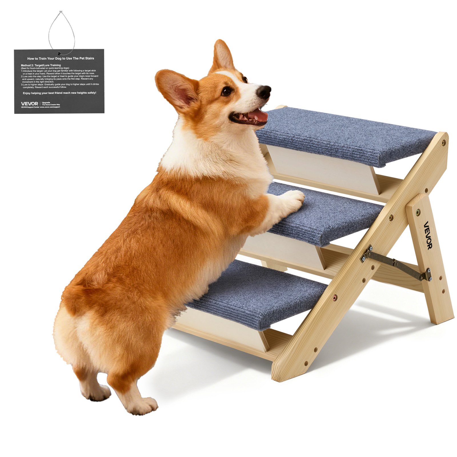 VEVOR Escalera de Madera para Mascotas, 3 Peldaños, para Camas, Sofás y Coches, Carga 68 kg, Plano y Plegable, Estable y Resistente, para Mascotas Pequeñas, Medianas y Grandes, Cachorros Mayores