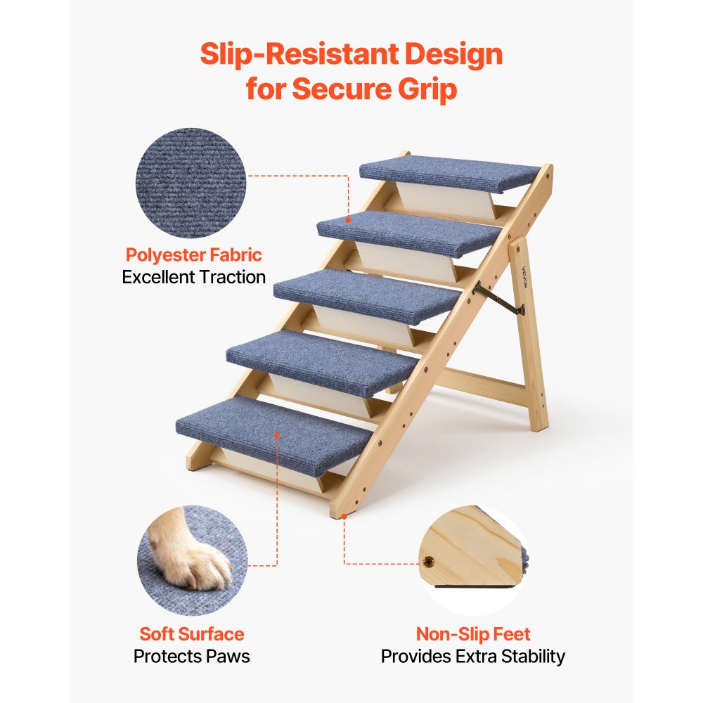 VEVOR Escalera de Madera para Mascotas, 5 Peldaños para Camas, Sofás y Coches, Carga de 68 kg, Diseño Plano y Plegable, Estable y Resistente, para Perros y Gatos Pequeños, Medianos y Grandes