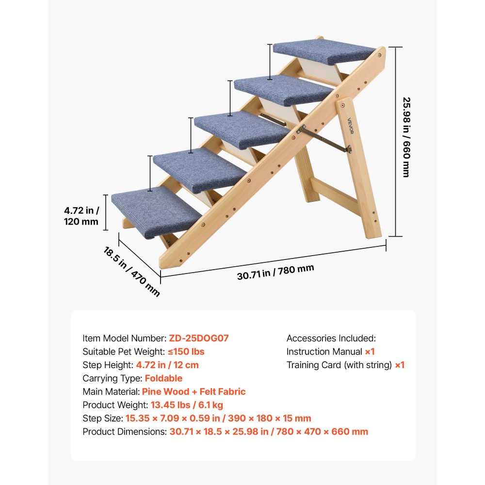 VEVOR Escalera de Madera para Mascotas, 5 Peldaños para Camas, Sofás y Coches, Carga de 68 kg, Diseño Plano y Plegable, Estable y Resistente, para Perros y Gatos Pequeños, Medianos y Grandes