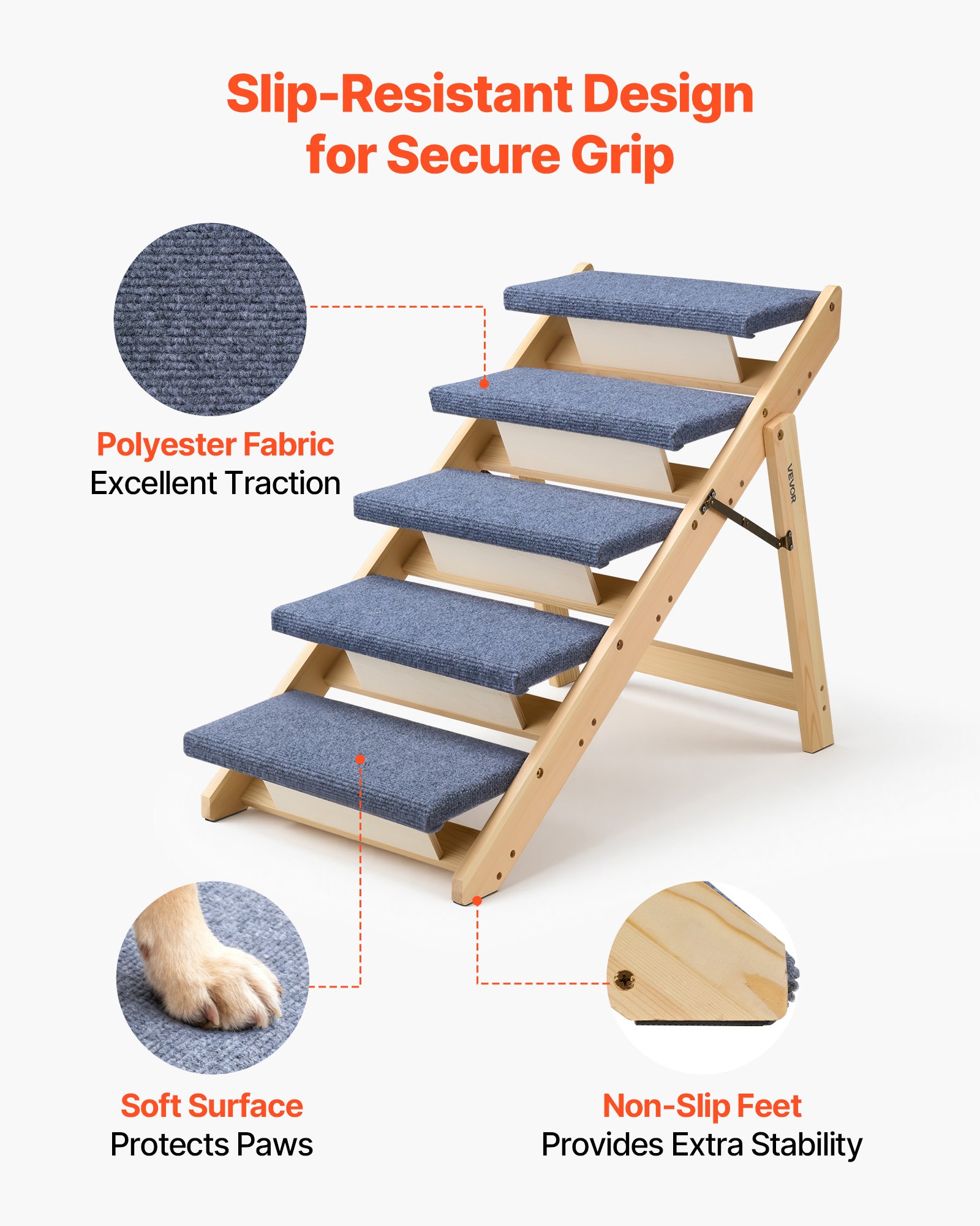 VEVOR Escalera de Madera para Mascotas, 5 Peldaños para Camas, Sofás y Coches, Carga de 68 kg, Diseño Plano y Plegable, Estable y Resistente, para Perros y Gatos Pequeños, Medianos y Grandes