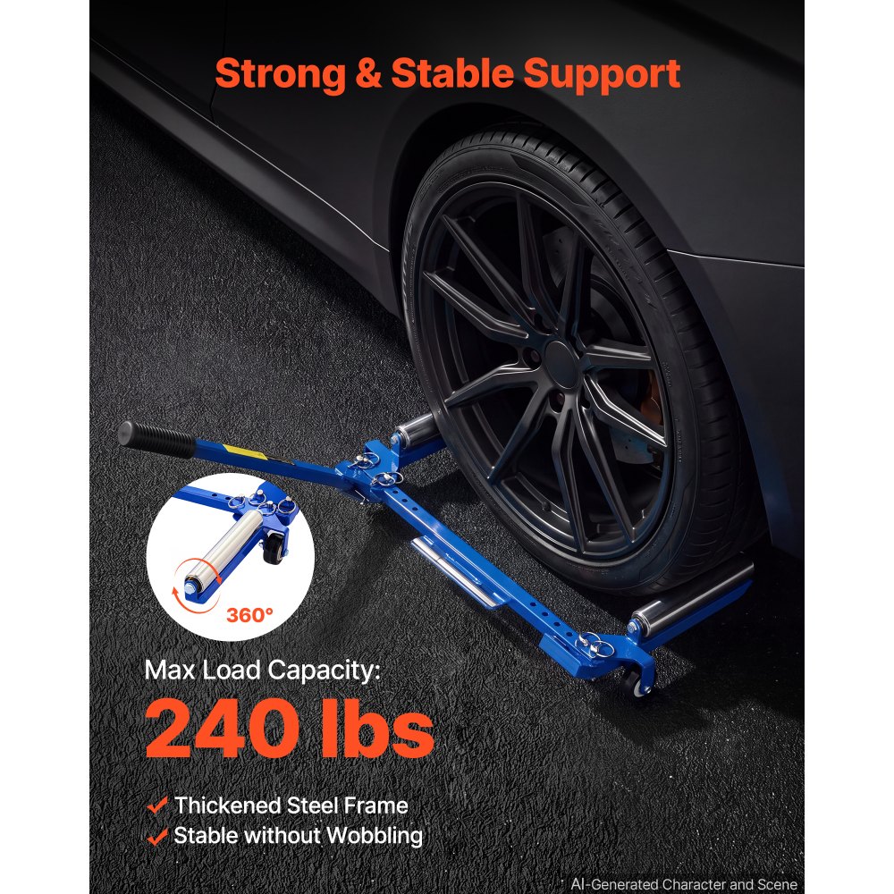 VEVOR Carro para Neumáticos Plegable, Carga Máxima de 109 kg, Ancho Ajustable, de Acero al Carbón, Compatible con Neumáticos de 381-1016 mm, Rodillos Giratorios de 360°, para Talleres y Garajes