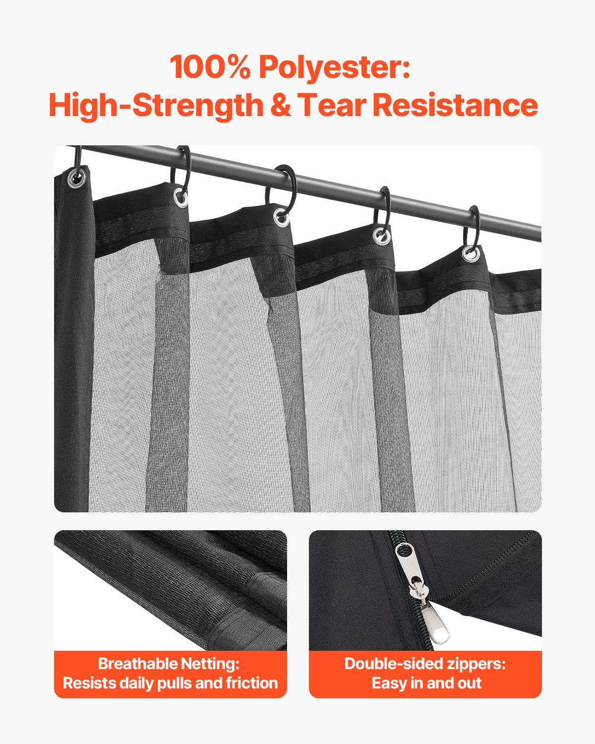 VEVOR Red de Poliéster para Cenadores, Cortina de Malla para Cenadores con Paredes Laterales de 4 Paneles, Red Antimosquitos con Doble Cremallera, para Cenadores de 304,8 x 304,8 x 198,1 cm Negro