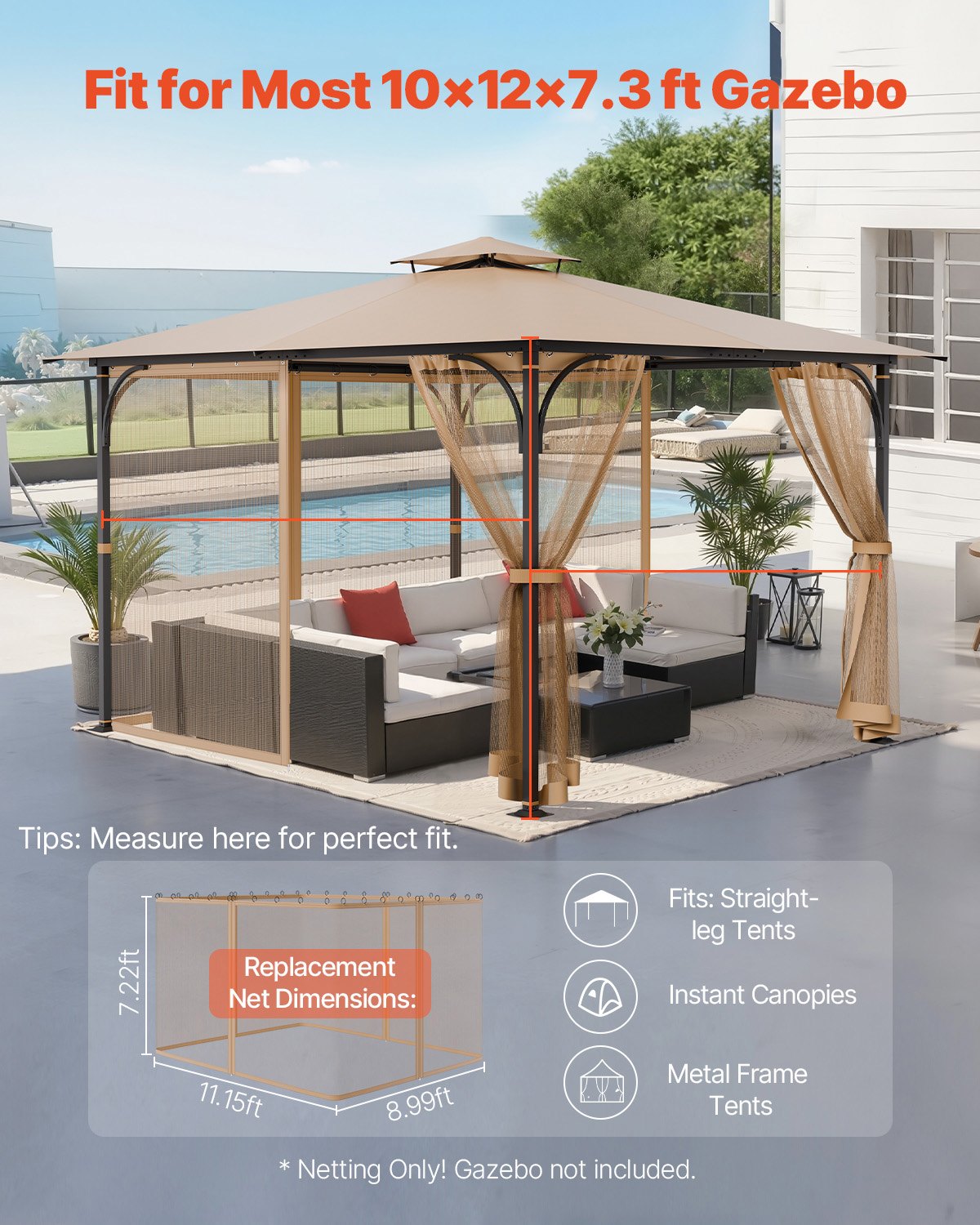 VEVOR Mosquito Net for Gazebo, Replacement Mosquito Net, Fits 304.8x365.8x222.5 cm Gazebos, Insect Protection, 4-Piece Side Panel Gazebo Curtain, with Double Zipper (Net Only)