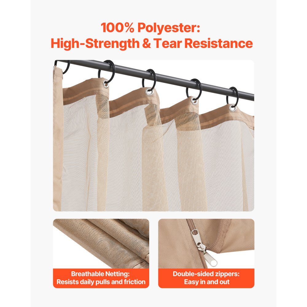 VEVOR Red de Poliéster para Cenadores, Cortina de Malla para Cenadores con Paredes Laterales de 4 Paneles, Red Antimosquitos con Doble Cremallera, para Cenadores de 304,8 x 365,8 x 213,4 cm, Caqui
