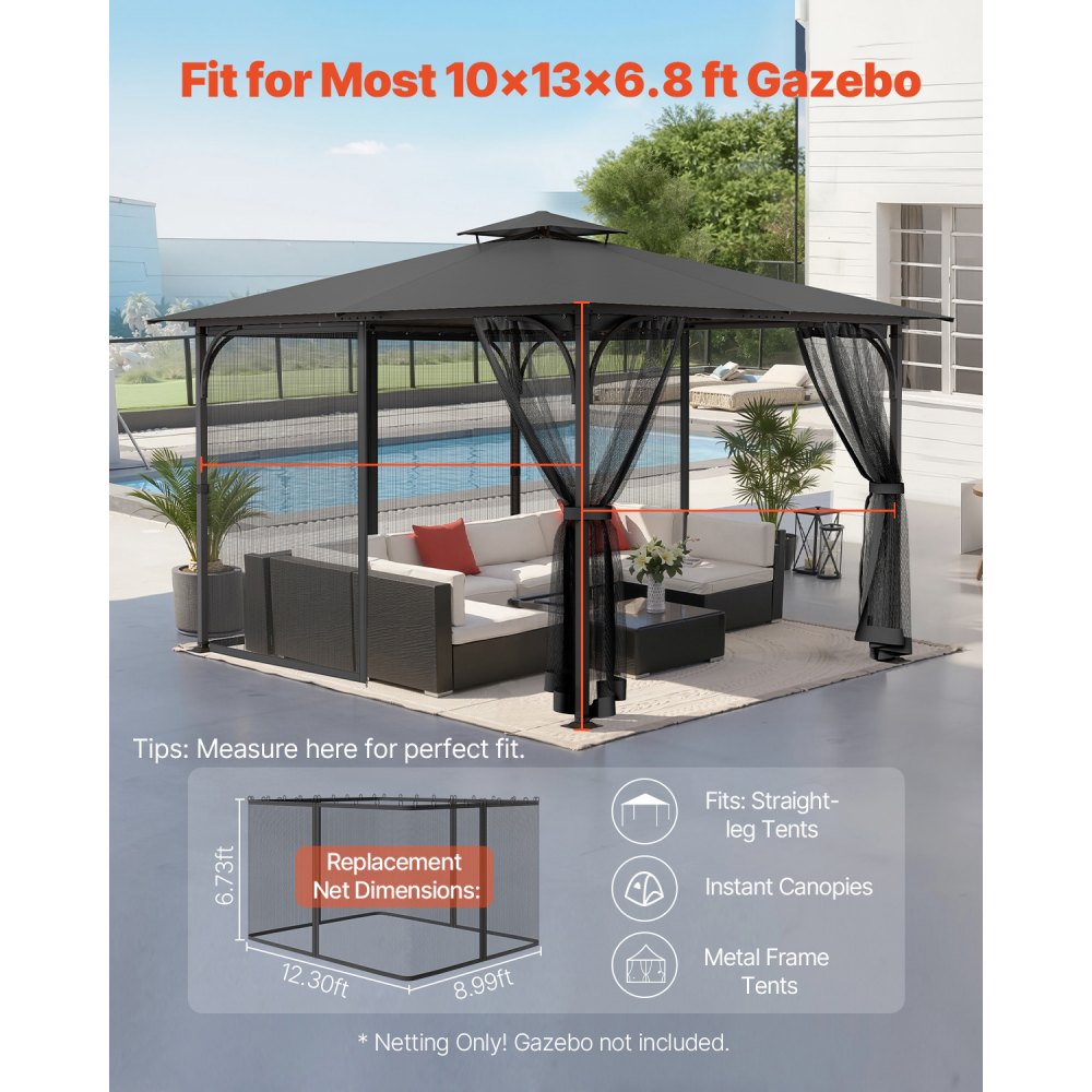 VEVOR Mosquito Net for Gazebo, Mosquito Net, suitable for 304.8x396.2x207.3 cm gazebos, insect protection, 4-piece side wall gazebo curtain, with double zipper (net only)
