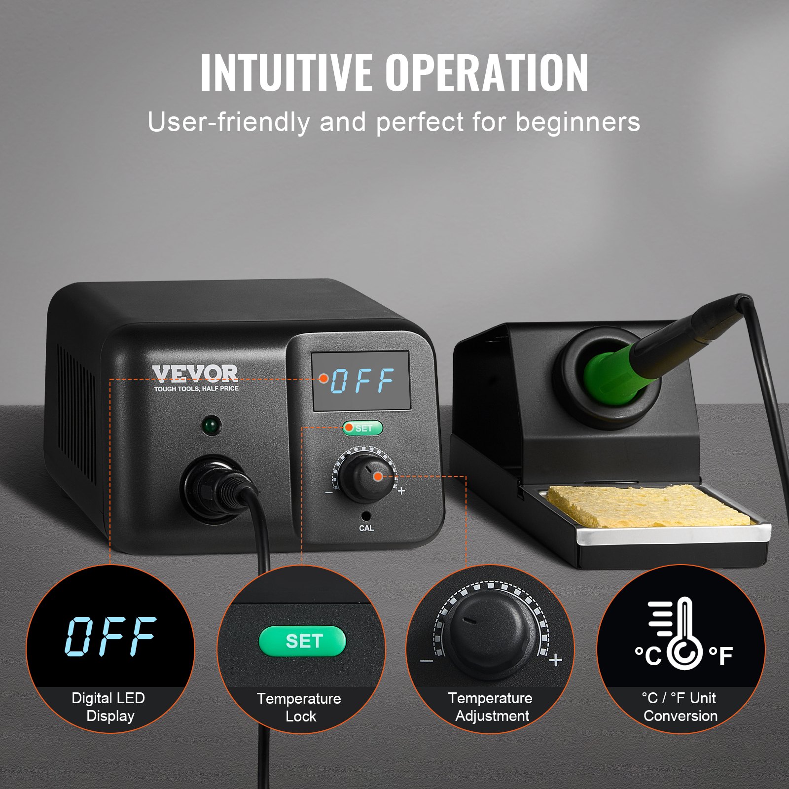 VEVOR Soldering Station, Soldering Iron, Solder Wire Dispenser, 70W Soldering Set with Digital Display, Temperature Control, Integrated Transformer, Automatic Sleep Mode, 5 Soldering Tips, Lead-Free Solder, Tweezers