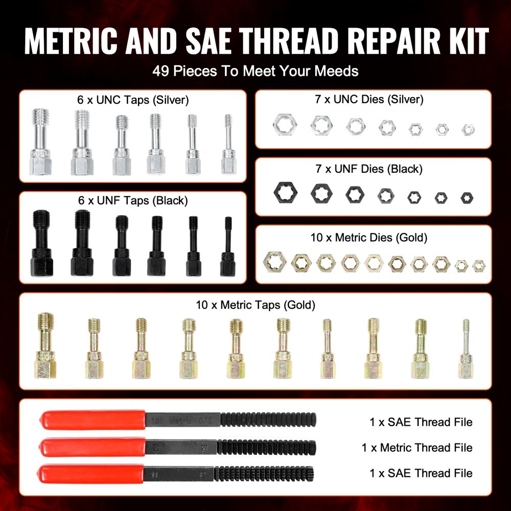 VEVOR Kit de Reparación de Roscas Métricas UNC y UNF 49 Piezas Restaurador de Roscas Métricas con 22 Machos de Roscar, 24 Terrajas, 3 Limas de Rosca Acero Tratado Térmicamente para Mecánicos