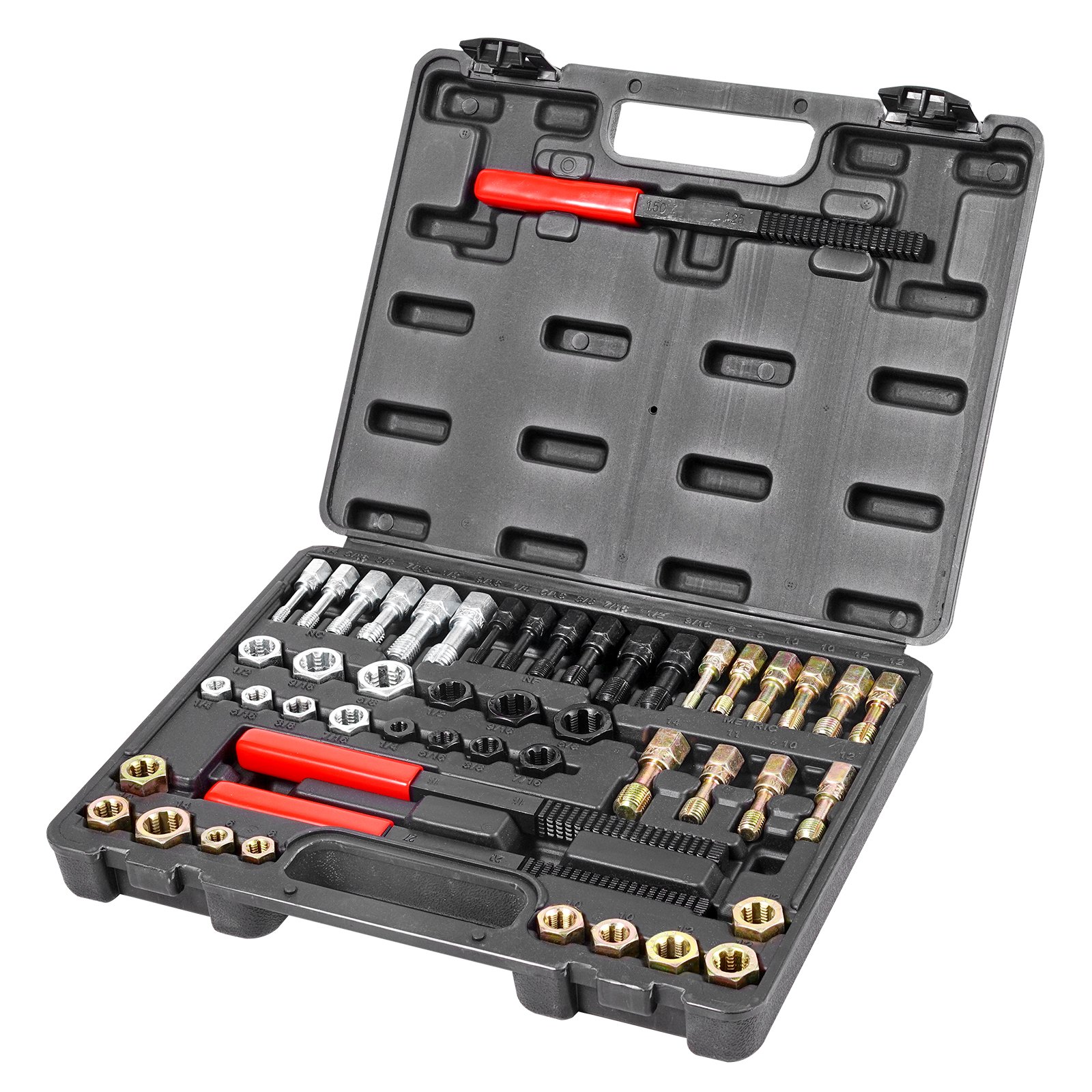 VEVOR Kit de Reparación de Roscas Métricas UNC y UNF 49 Piezas Restaurador de Roscas Métricas con 22 Machos de Roscar, 24 Terrajas, 3 Limas de Rosca Acero Tratado Térmicamente para Mecánicos