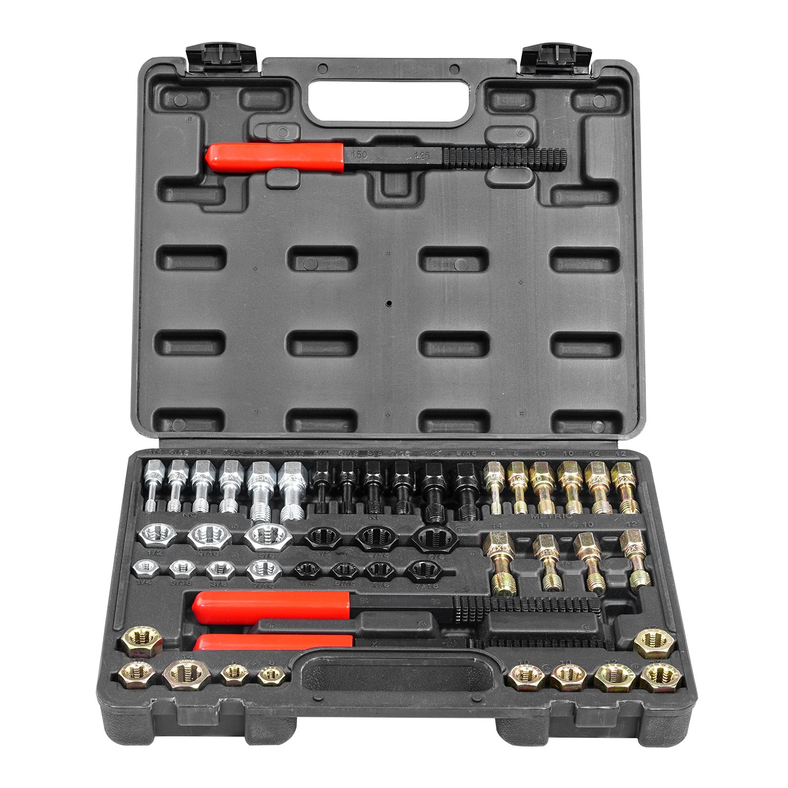 VEVOR Kit de Reparación de Roscas Métricas UNC y UNF 49 Piezas Restaurador de Roscas Métricas con 22 Machos de Roscar, 24 Terrajas, 3 Limas de Rosca Acero Tratado Térmicamente para Mecánicos