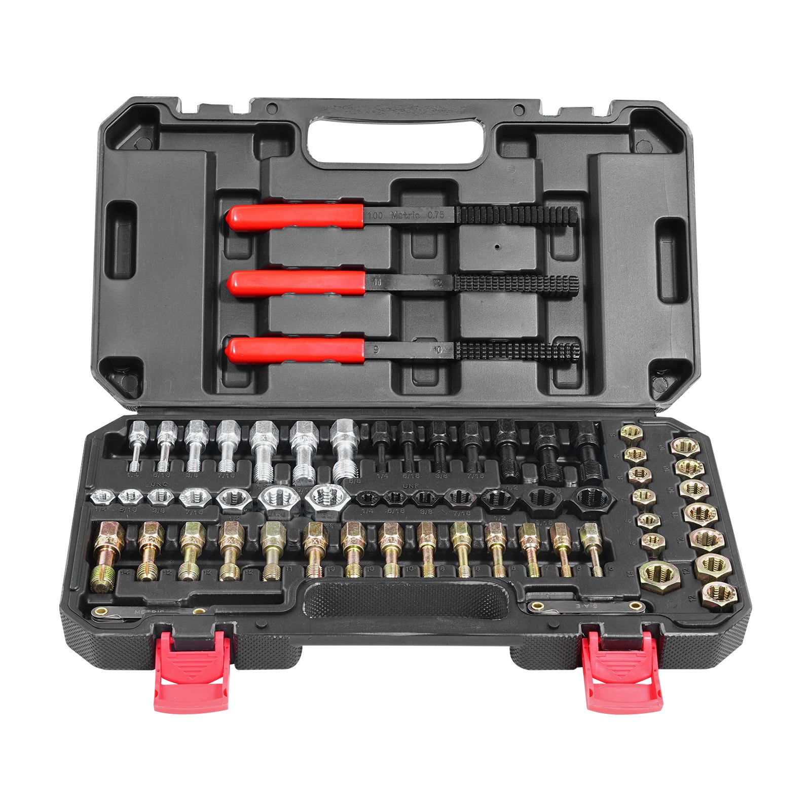 VEVOR Kit de Reparación de Roscas Métricas UNC y UNF 61 Piezas Restaurador de Roscas Métricas con 28 Machos de Roscar, 28 Terrajas, 3 Limas de Rosca Acero Tratado Térmicamente para Mecánicos