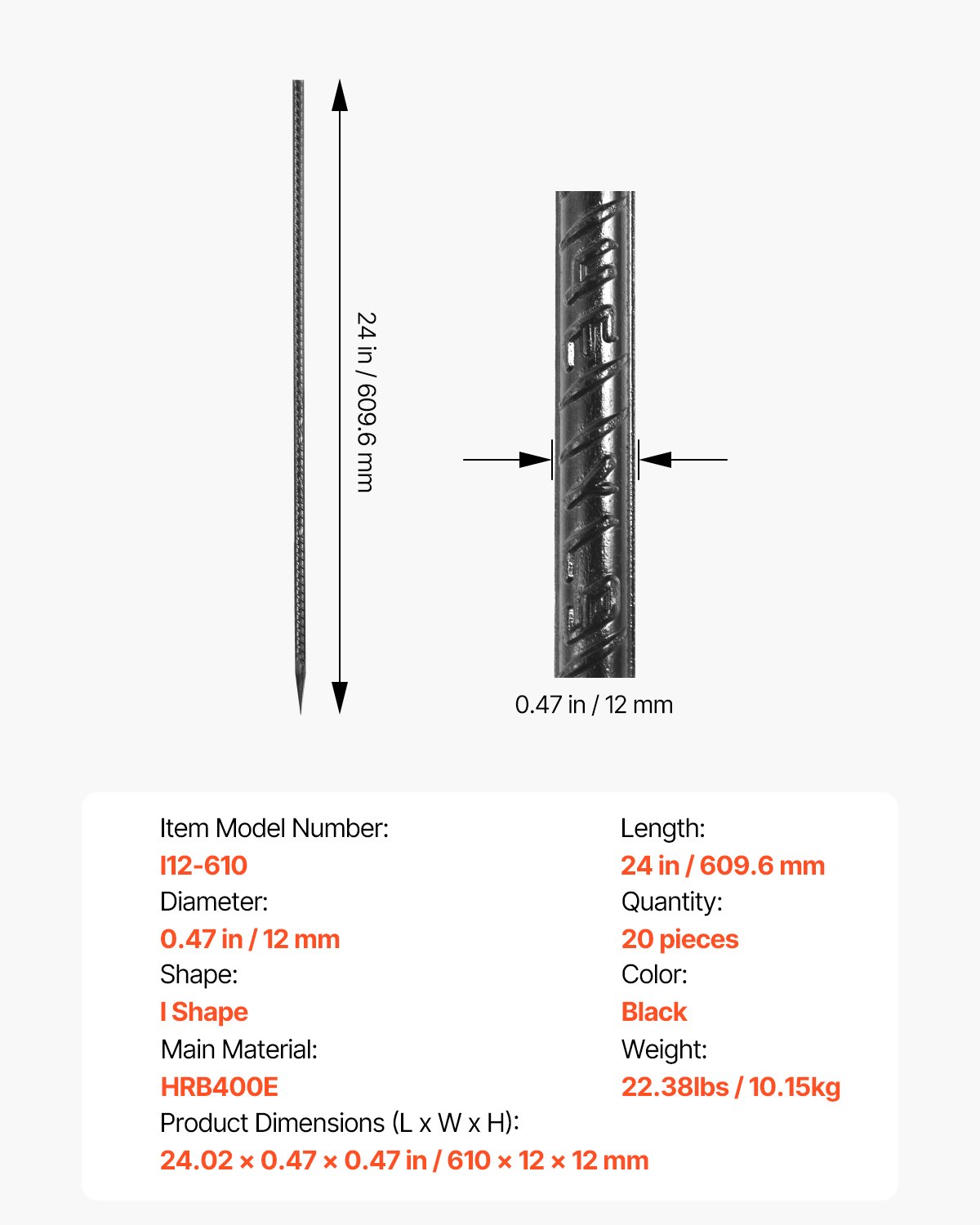 VEVOR Ground Anchors, 609.6 mm, I-Type with 12 mm Diameter, Galvanized Tent Pegs, Ground Anchors, Ground Nails, Tent Pegs, for Tents, Canopies, Camping, Trampolines, Flower Stands (Pack of 20)