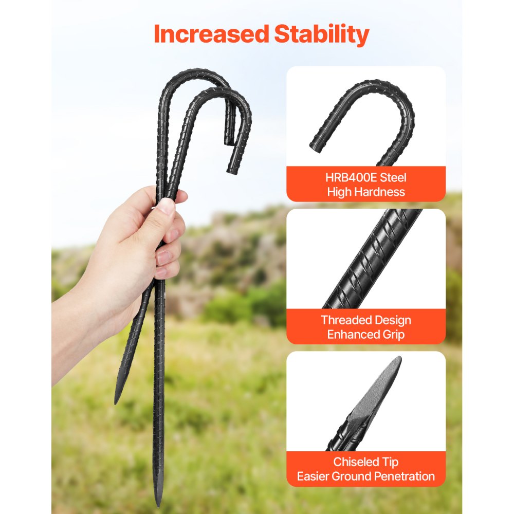 VEVOR Ground Anchors, 304.8 mm, J-Type with 10 mm Diameter, Galvanized Tent Pegs, Ground Anchors, Ground Nails, Tent Pegs, for Tents, Canopies, Camping, Trampolines, Flower Stands (Pack of 16)