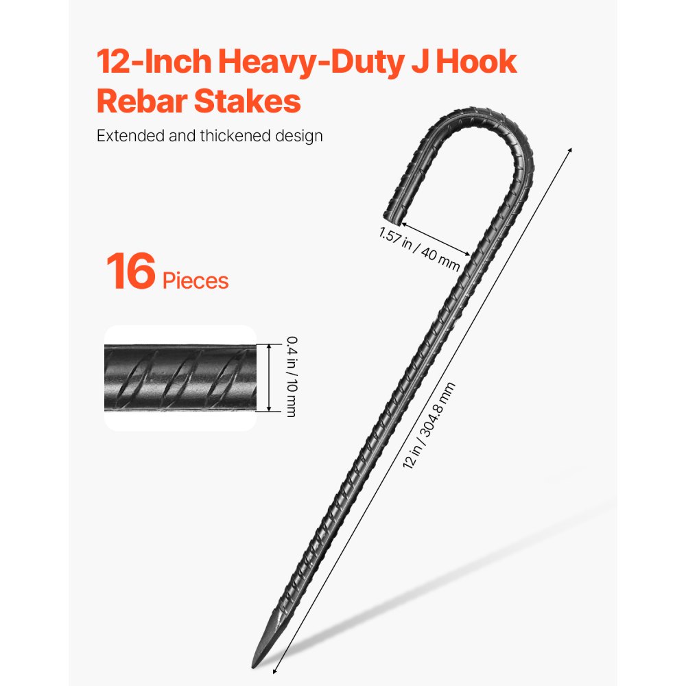 VEVOR 16 PCS Estacas de Varilla de Refuerzo 304,8 mm con Gancho en J  de Diámetro 1 cm, Anclajes de Acero Galvanizado con Punta de Cincel y Revestimiento Resistente a la Oxidación para Jardinería